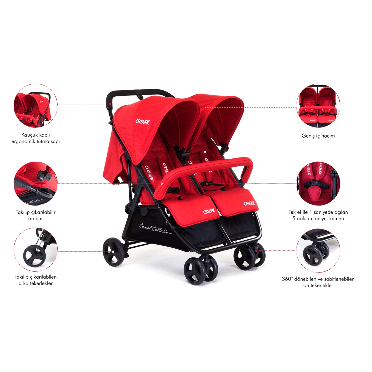 Casual Twin İkiz Bebek Arabası Kırmızı Fiyatı 930006 / KRM