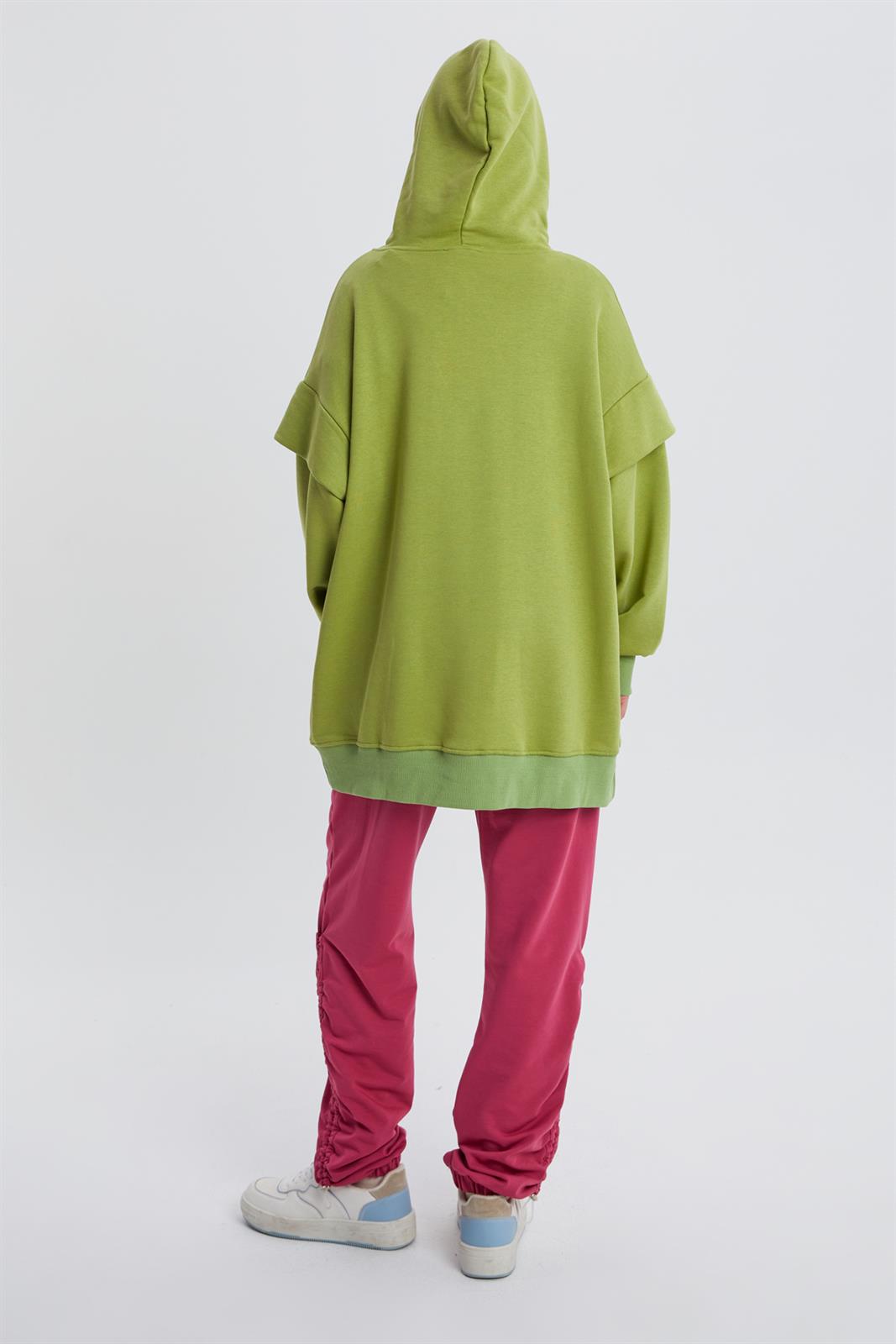 Allday Fıstık Yeşili Cebi Fermuarlı Kapüşonlu Oversize Sweatshirt