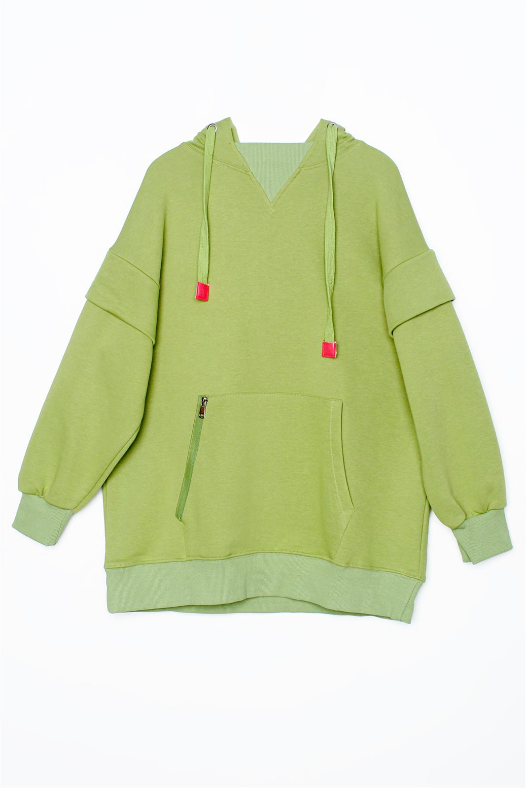Allday Fıstık Yeşili Cebi Fermuarlı Kapüşonlu Oversize Sweatshirt