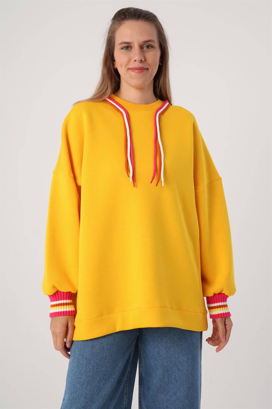 Allday Koyu Sarı Oversize 3 Renk Kordonlu Triko Bantlı Sweatshirt