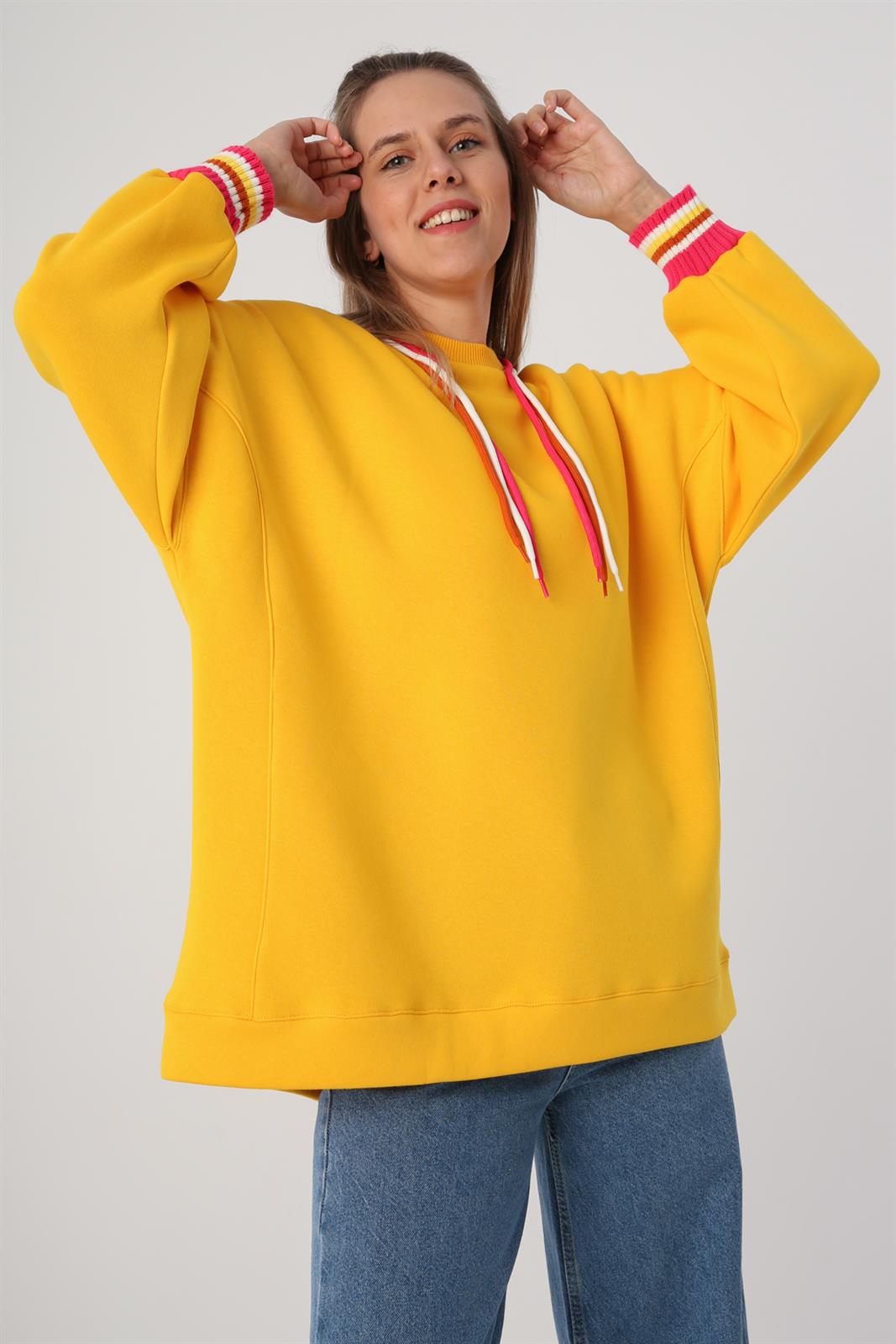 Allday Koyu Sarı Oversize 3 Renk Kordonlu Triko Bantlı Sweatshirt