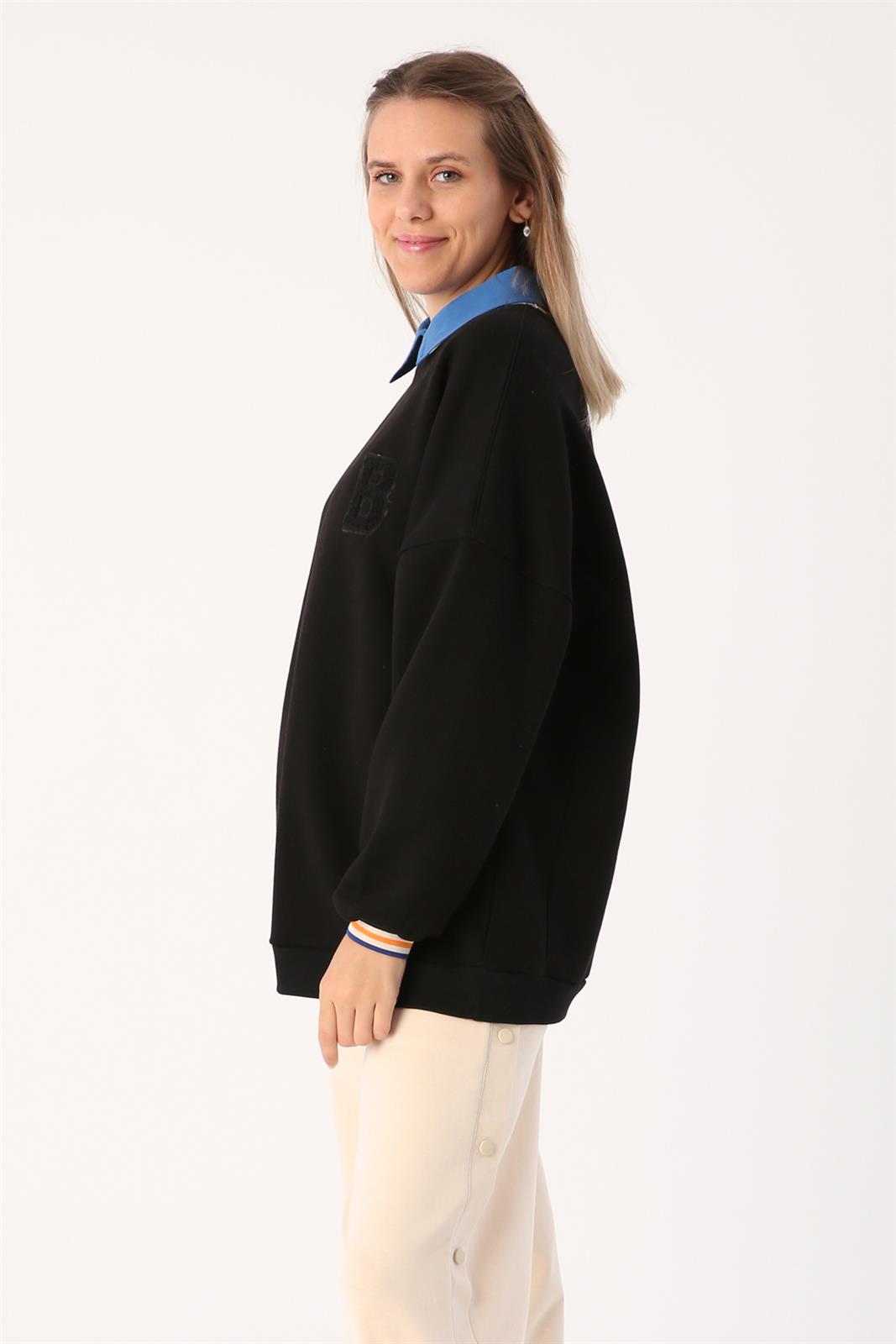Allday Siyah Oversize Renkli Çizgili Ribanalı Şardonlu Sweatshirt