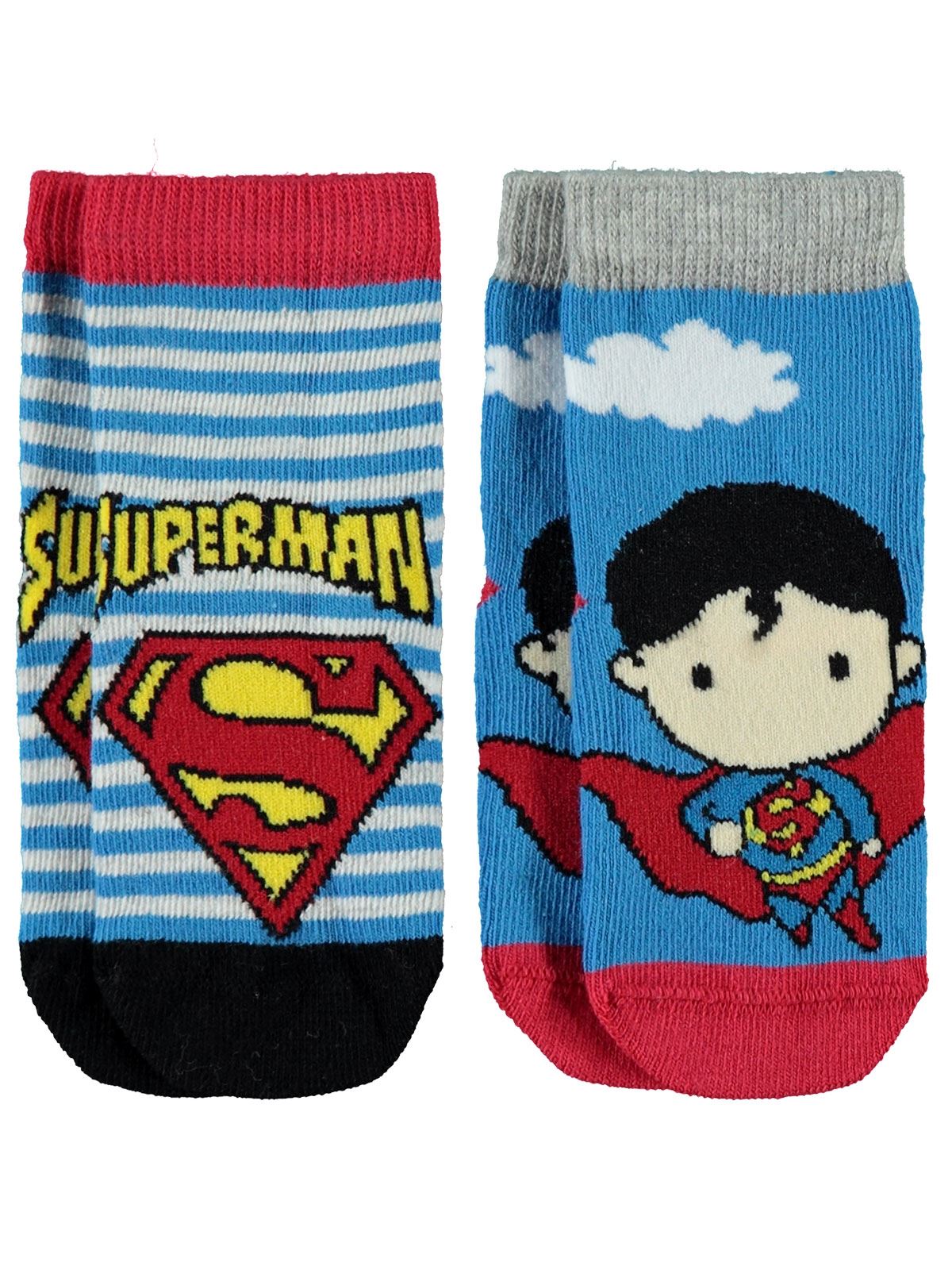 Süperman Erkek Bebek 2'li Çorap Set 0-24 Ay Saks Mavisi