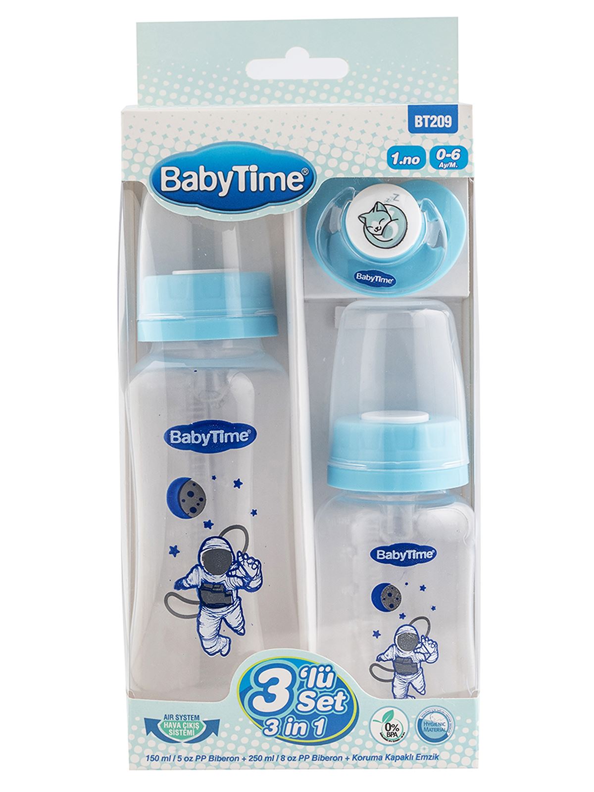 Baby Time 3'lü PP Plastik Biberon Set 0-6 Ay Mavi