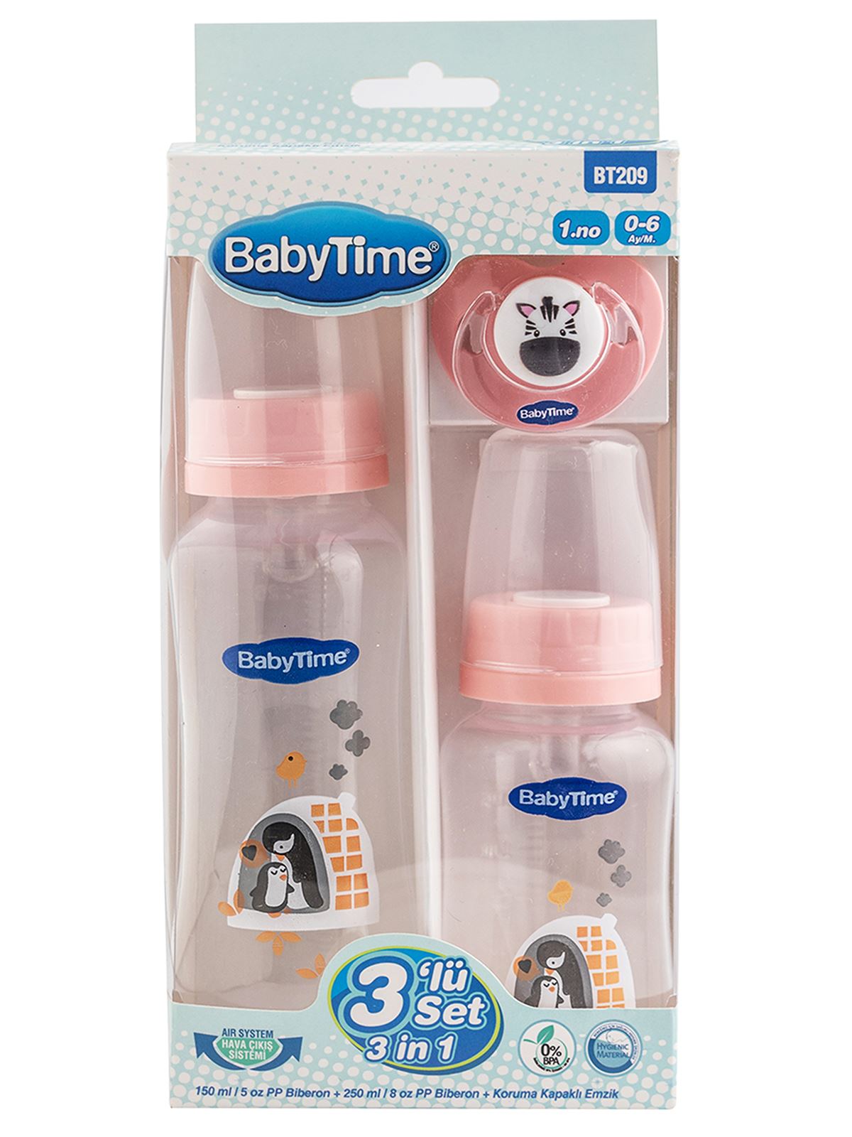 Baby Time 3'lü PP Plastik Biberon Set 0-6 Ay Pembe