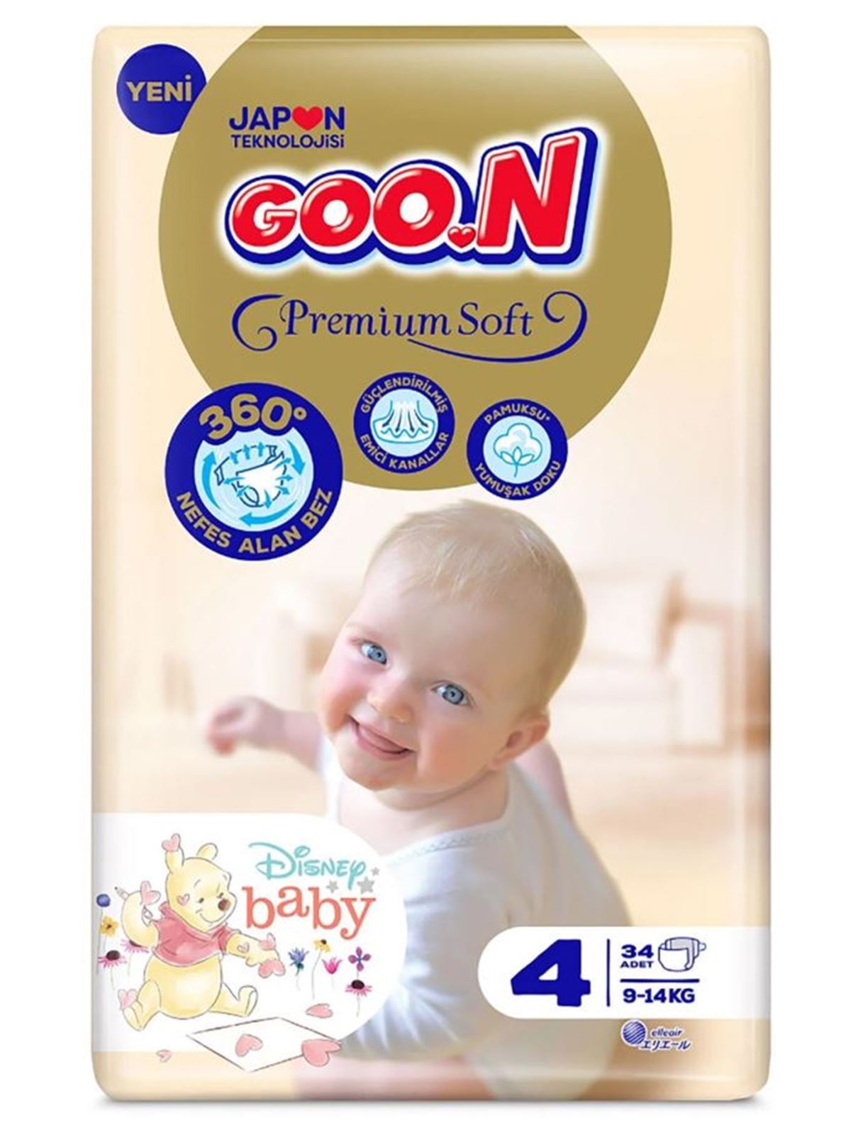 Goon Bebek Bezi Premium Soft 4 Beden Jumbo Paket 34 Adet 9-14 kg