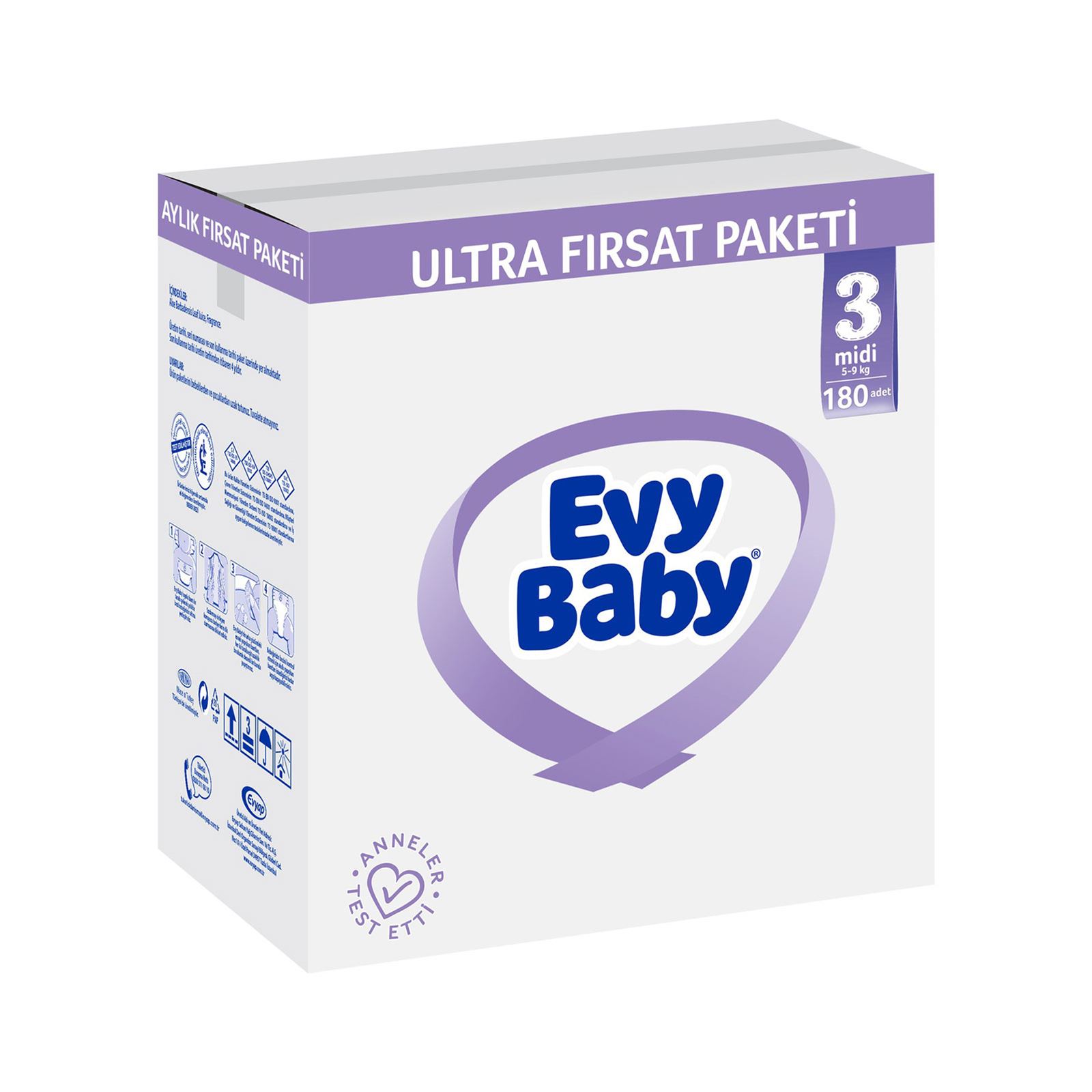 Evy Baby Bebek Bezi Ultra Fırsat Paketi 3 Beden Midi 180 Adet