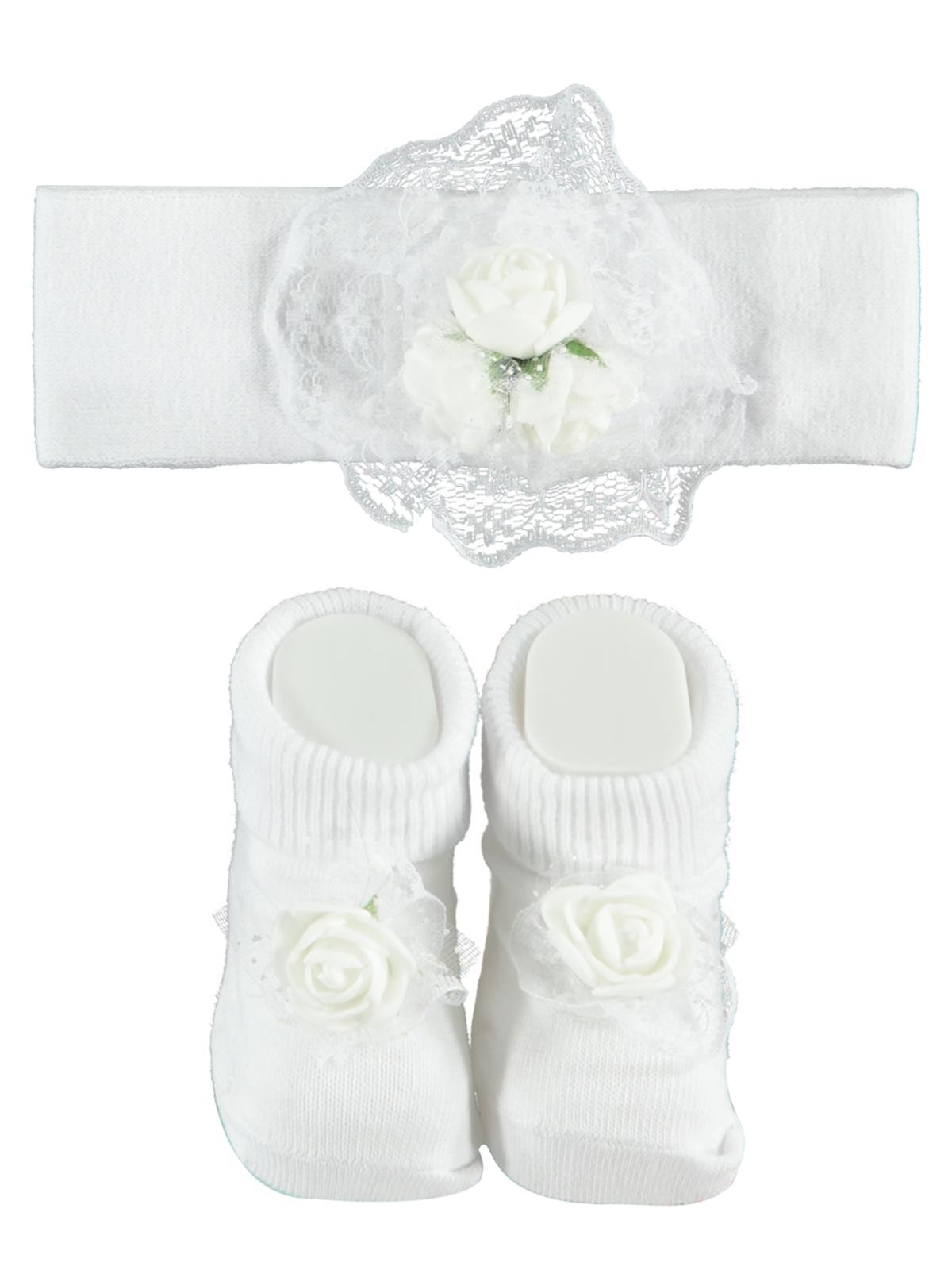 Minidamla Kız Bebek Bandana ve Çorap Set 0-3 Ay Beyaz