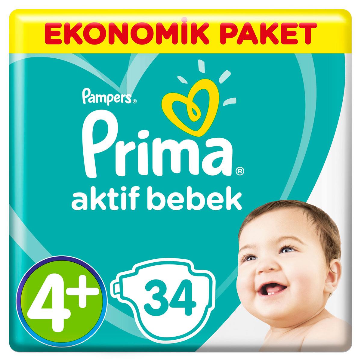 Prima Bebek Bezi Aktif Bebek 4+ Beden Maxi Plus 34 Adet Ekonomik Paket