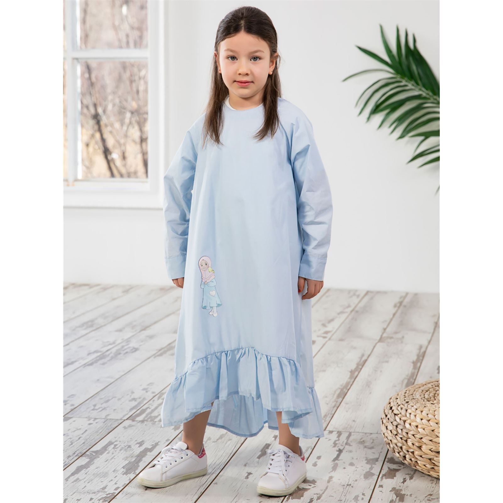 Burqa Bala Kız Çocuk Baskılı Nur Kız Elbise 6-12 Yaş Mavi