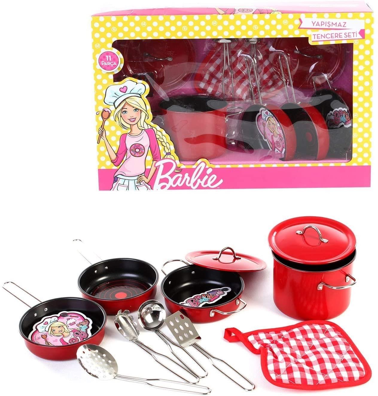 Barbie Kutulu 11 Parça Yapışmaz Tencere Seti Kırmızı