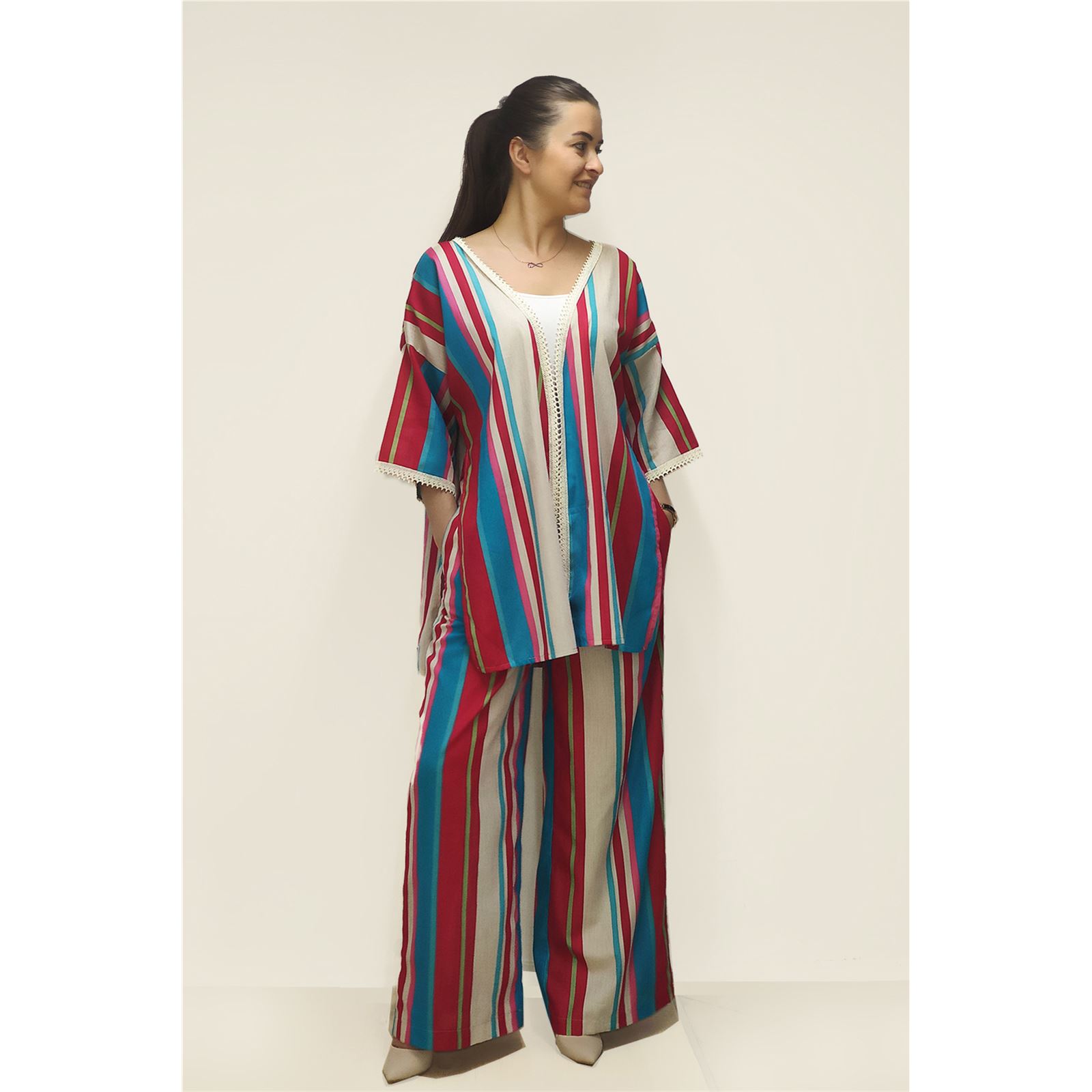 Shecco Babba Dantel Detaylı Renkli Kimono Kaftan