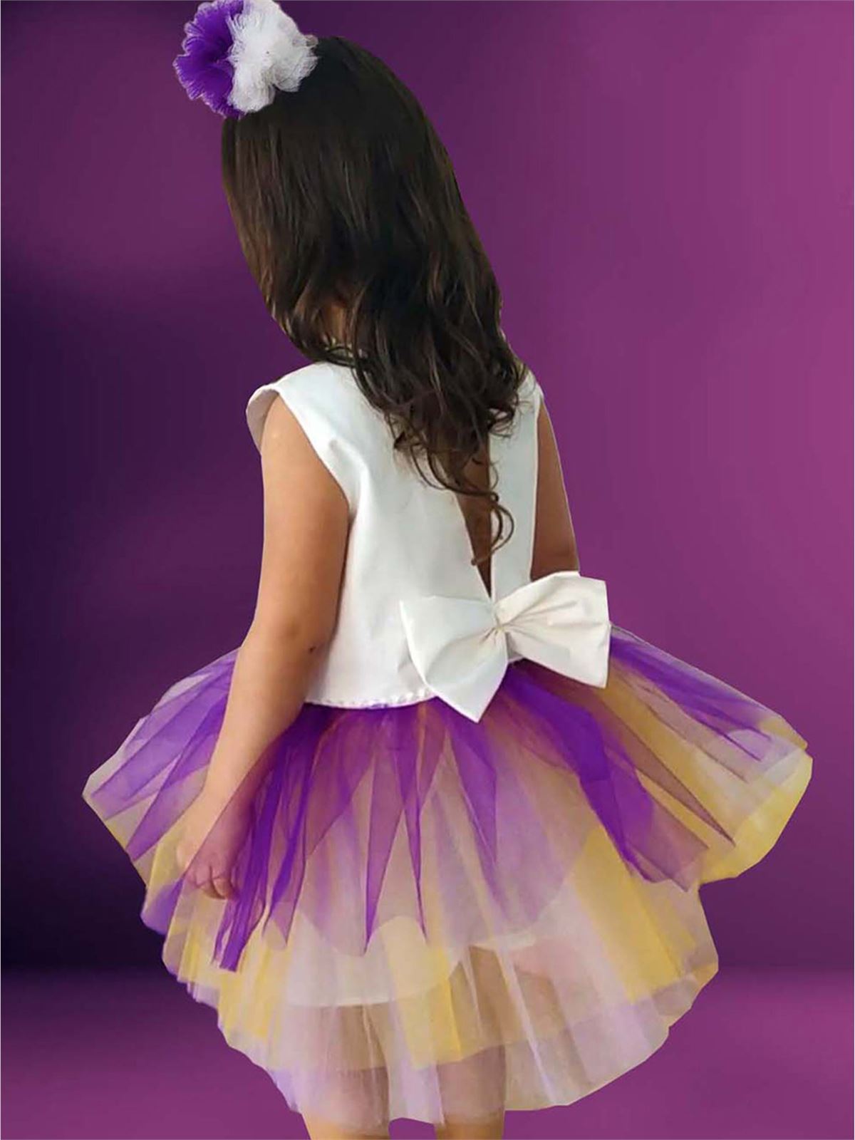 Shecco Babba Kız Çocuk Fiyonklu Tütü Elbise Bandana Takım 1-5 Yaş Mor