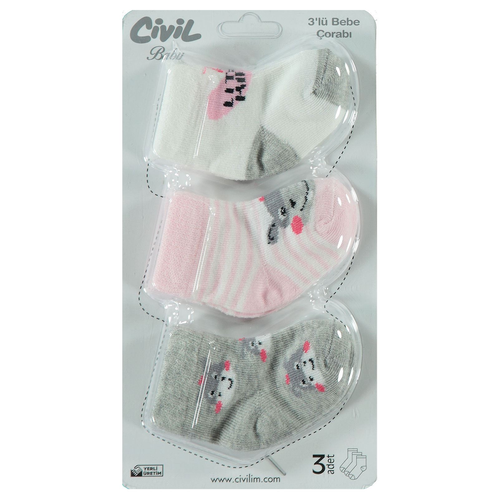 Civil Baby Kız Bebek 3'lü Çorap Set 0-6 Ay Gri