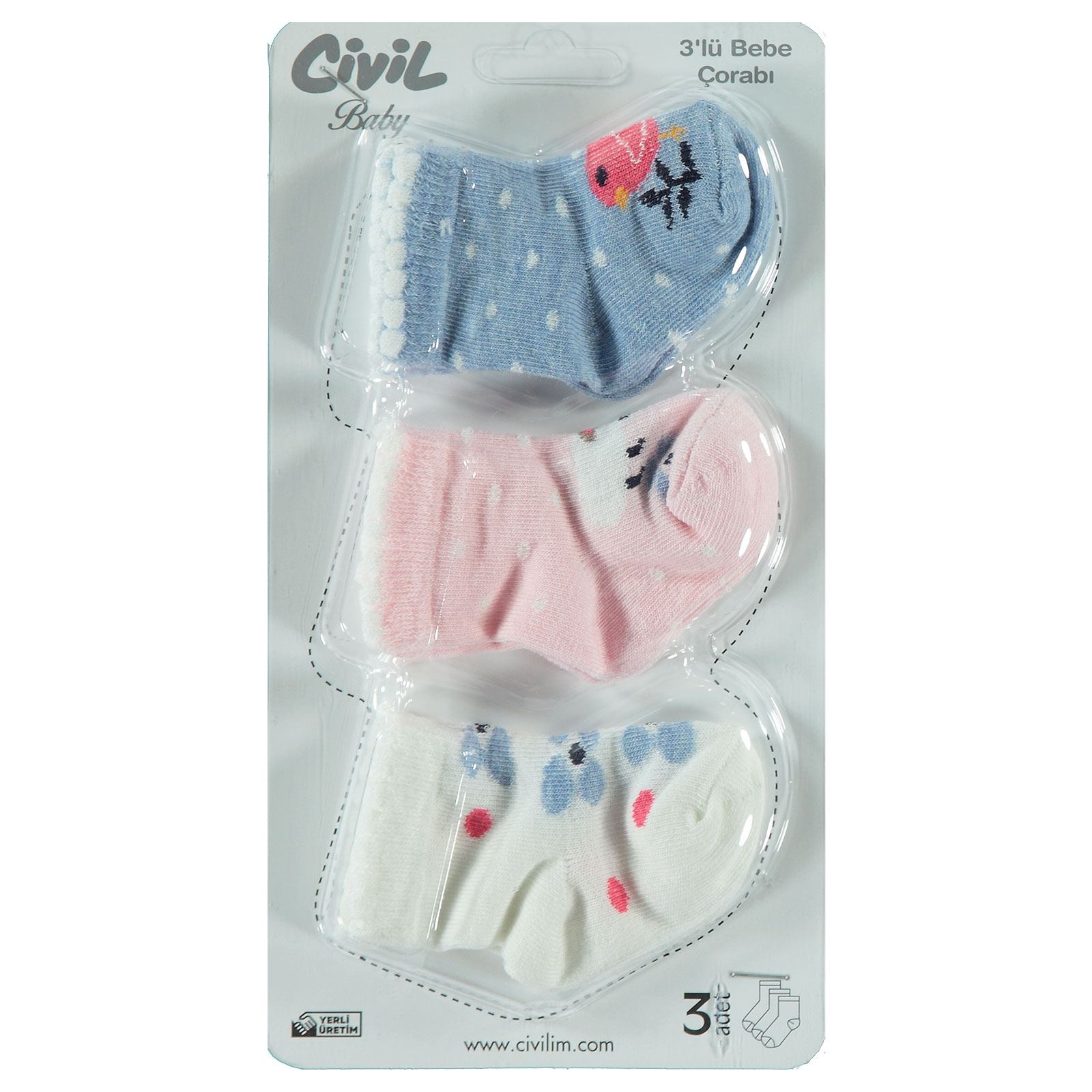 Civil Baby Kız Bebek 3'lü Çorap Set 0-6 Ay Mavi