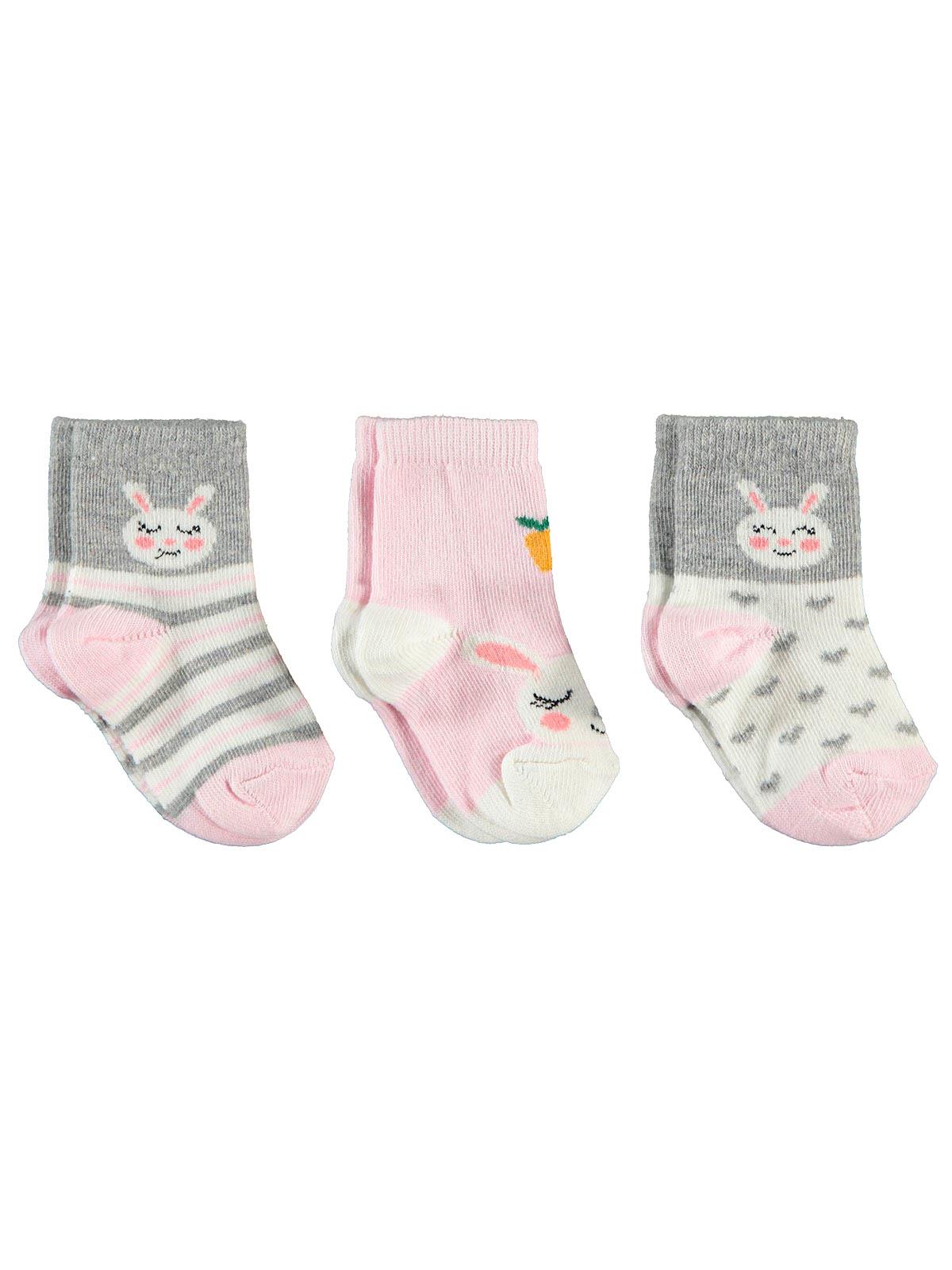 Civil Baby Kız Bebek 3'lü Çorap 0-24 Ay Gri-Pembe