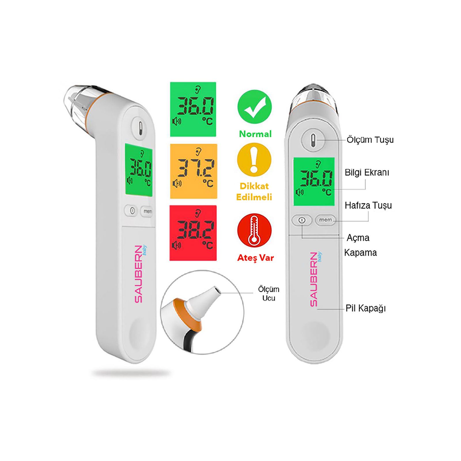 BNT9601 Saubern Baby Kulaktan Ateş Ölçer - Dijital Termometre - Işıklı Ekran