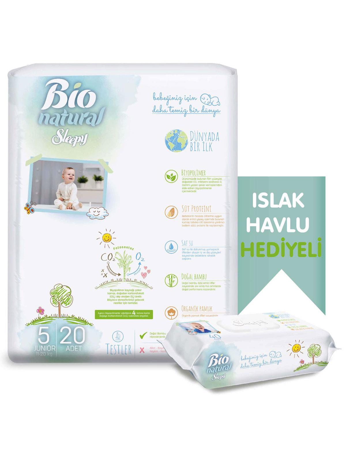 Sleepy Bio Natural Bebek Bezi 5 Numara Junior 20 Adet + Bio Natural Islak Havlu Hediyeli