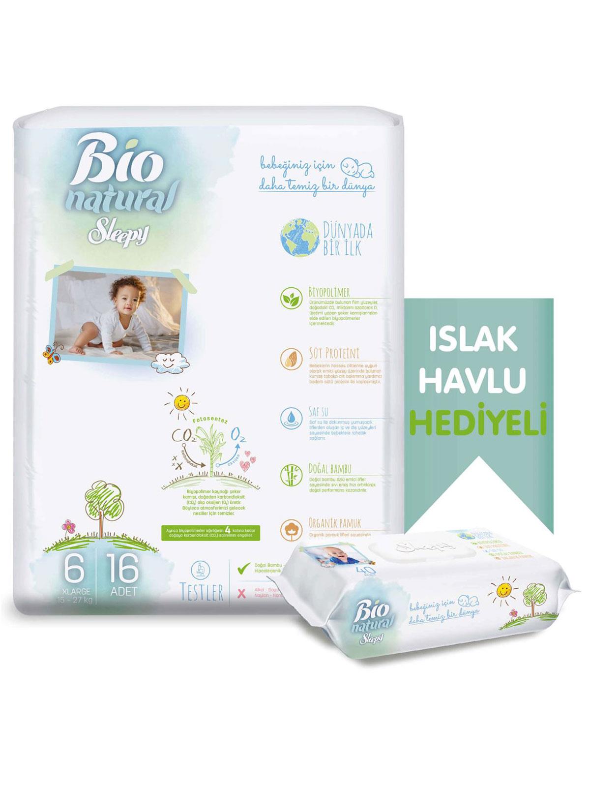 Sleepy Bio Natural Bebek Bezi 6 Numara XLarge 16 Adet + Bio Natural Islak Havlu Hediyeli