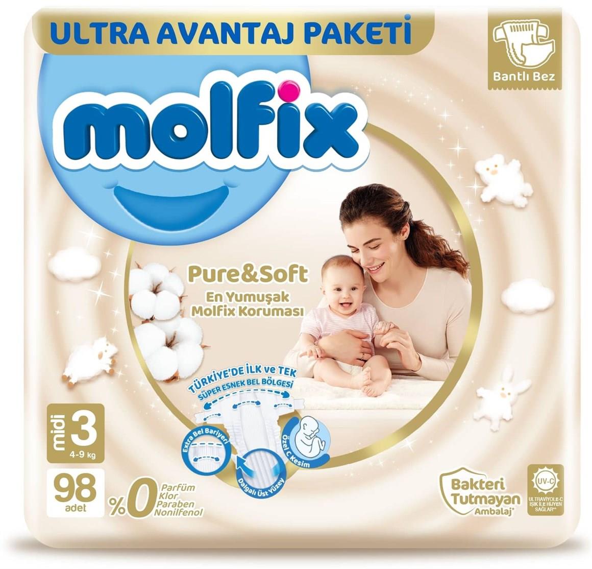 Molfix Pure&Soft Bebek Bezi Midi 3 Beden 98 Adet Ultra Avantaj Paketi