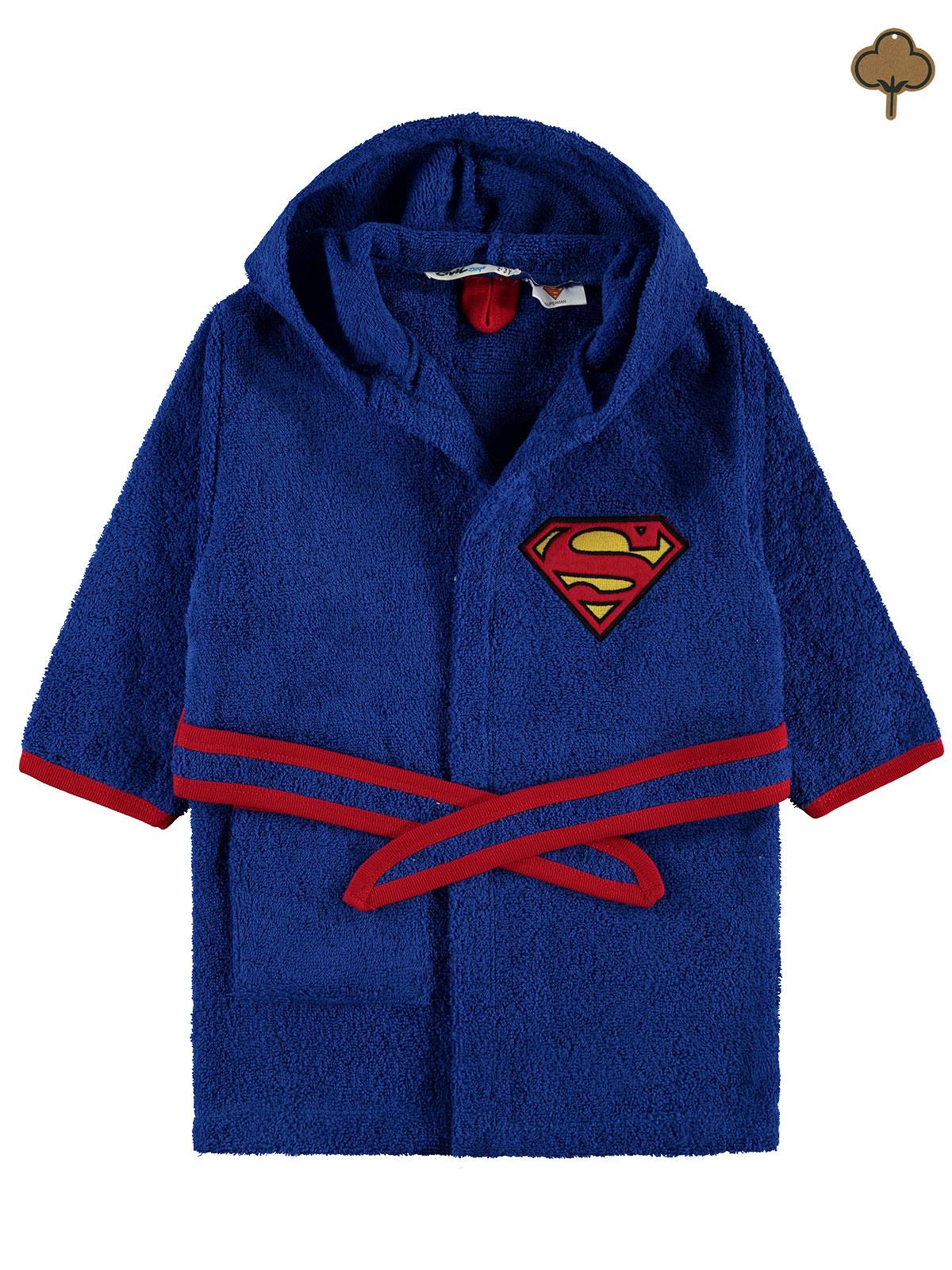 Superman Erkek Çocuk Kapüşonlu Bornoz 2-5 Yaş Saks Mavisi