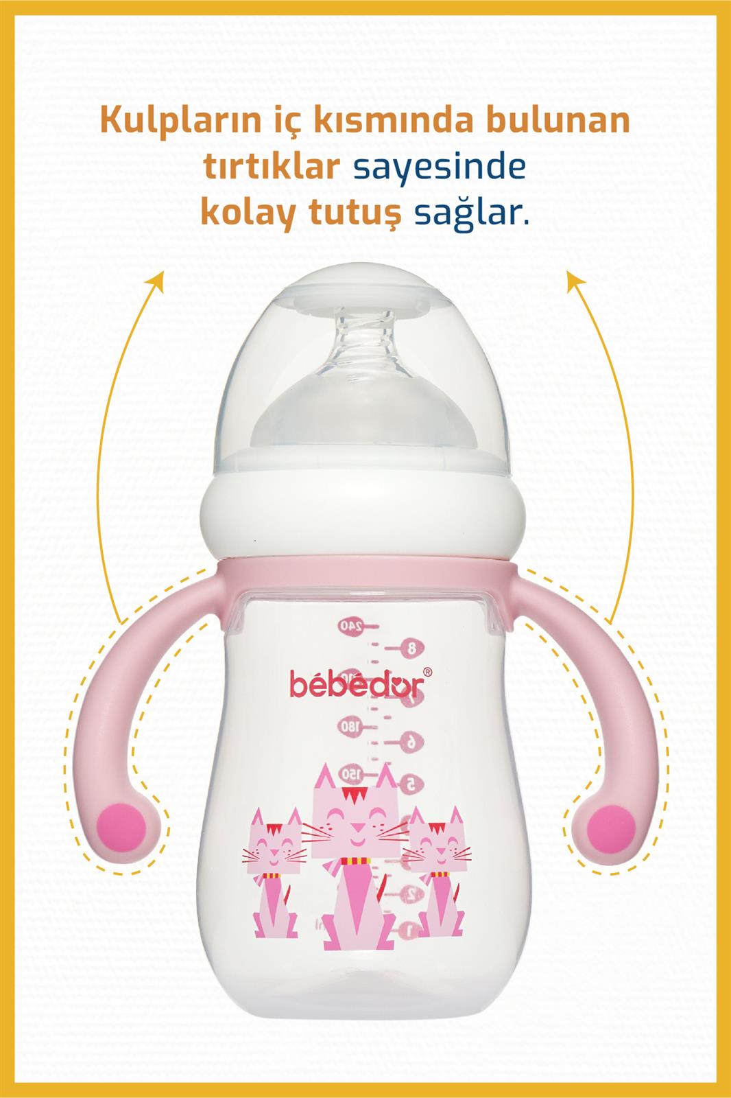Bebedor Geniş Ağızlı Kulplu PP Biberon 250 ml Pembe