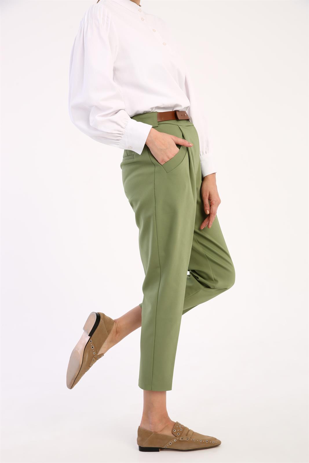Yeşil Derin Pileli Pantolon