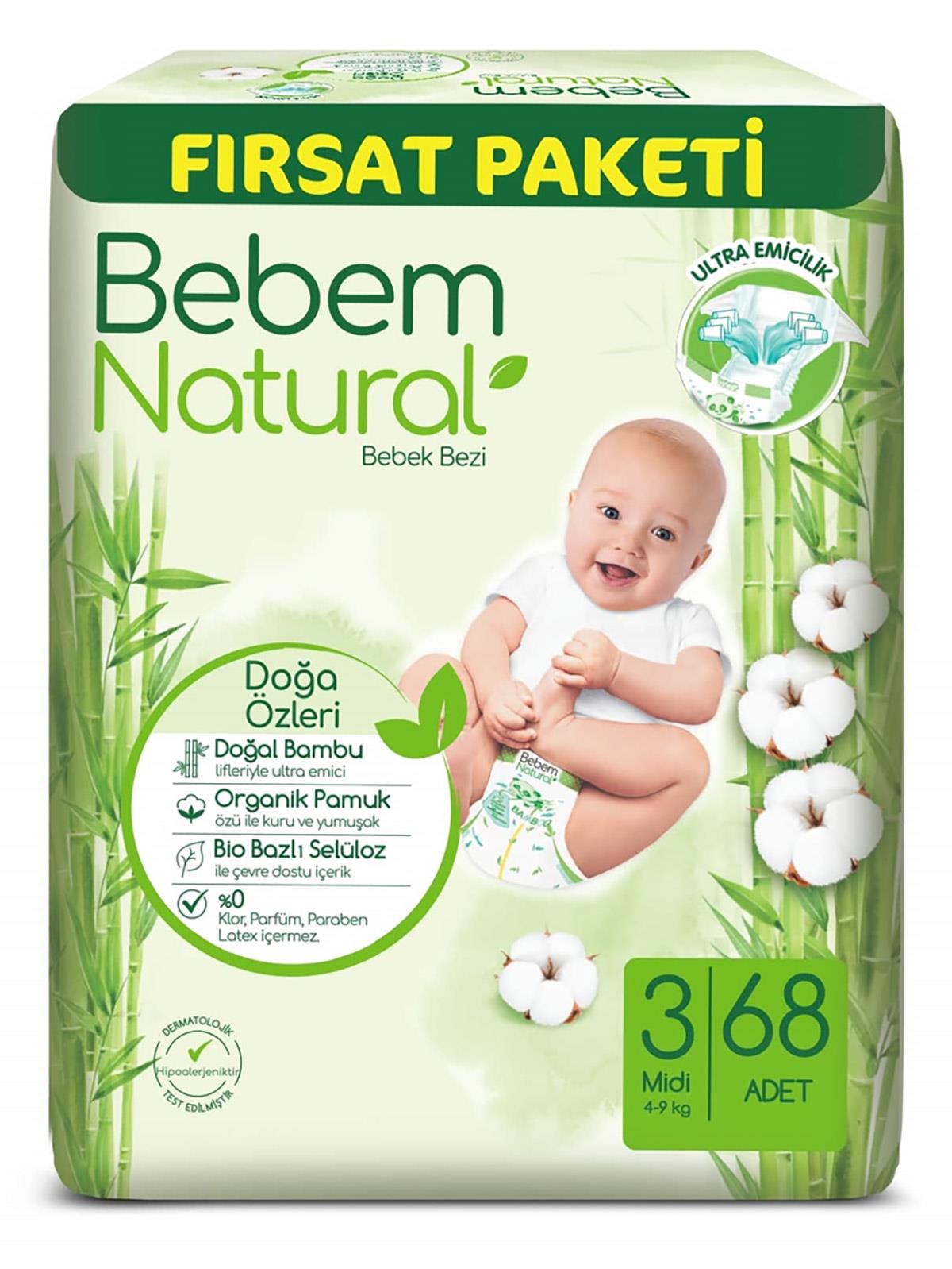 Bebem Natural Bebek Bezi Fırsat Paketi 3 Beden Midi 68 Adet