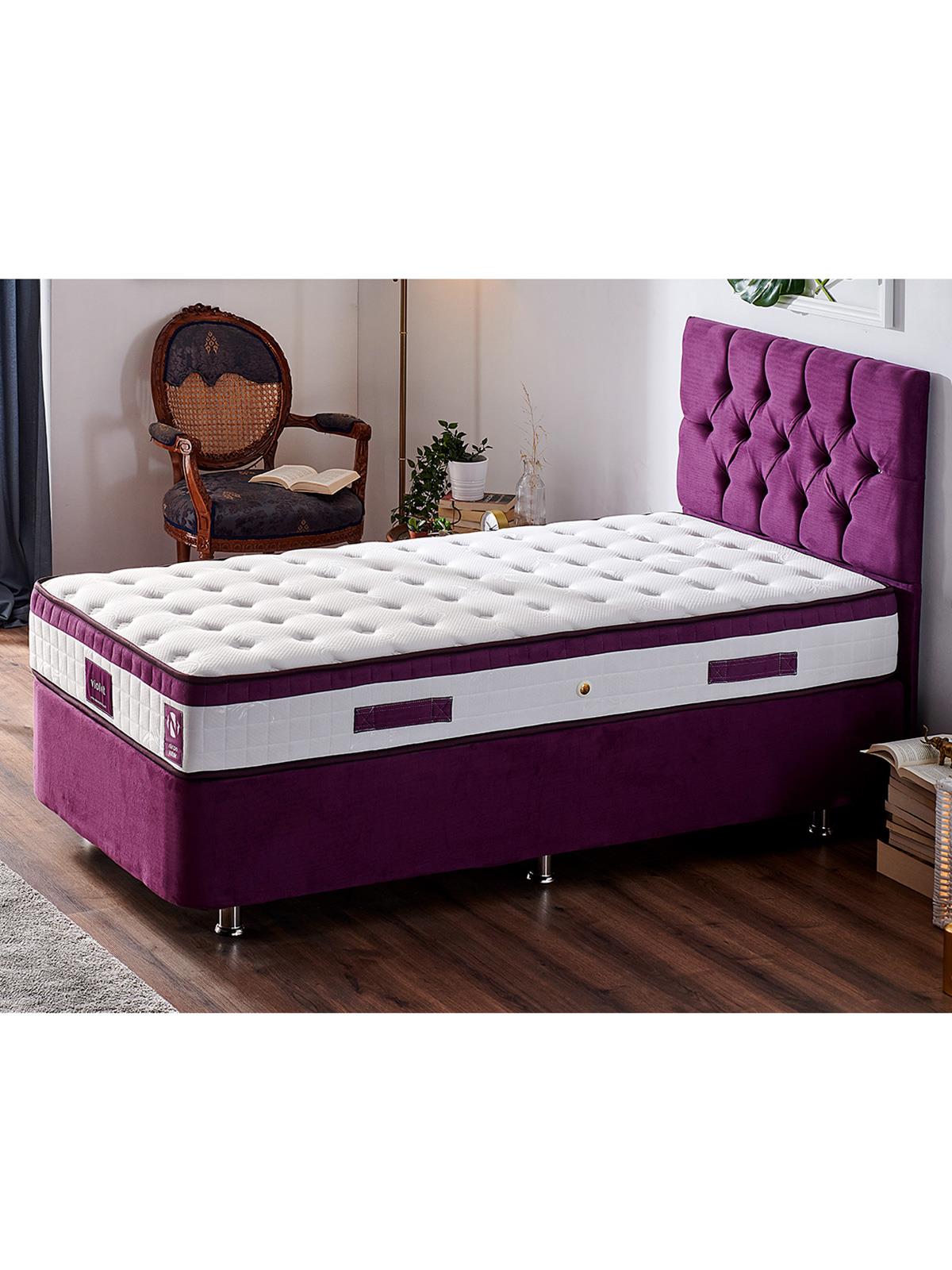 Niron Violet Yatak Seti 80x180 cm Tek Kişilik Yatak Baza Başlık Takımı Orta Sert Yatak Baza ve Başlığı Mor