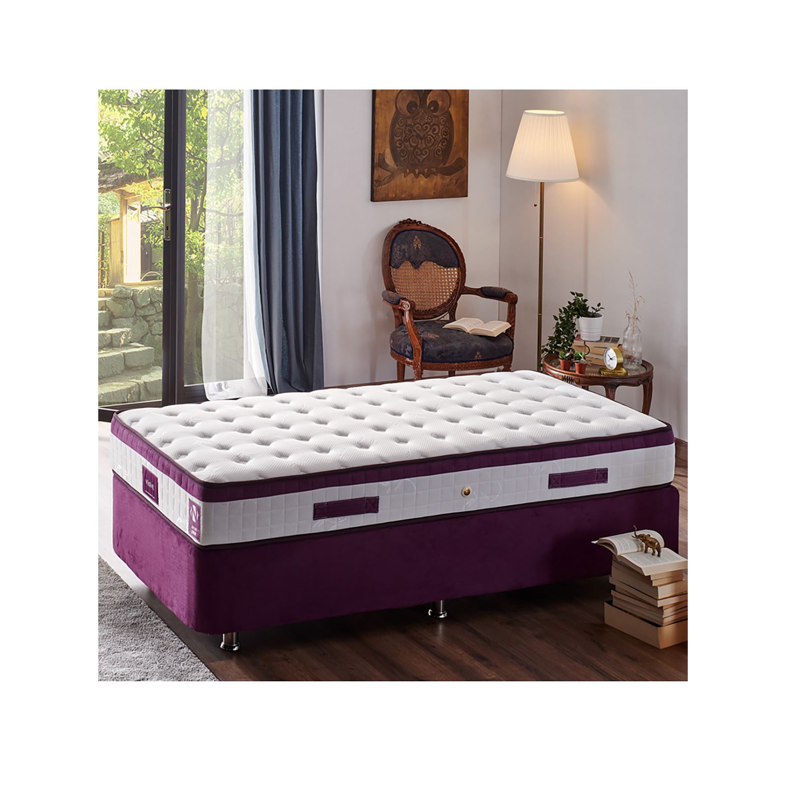 Niron Violet Yatak Seti 90x190 cm Tek Kişilik Yatak Baza Başlık Takımı Orta Sert Yatak Baza ve Başlığı Mor