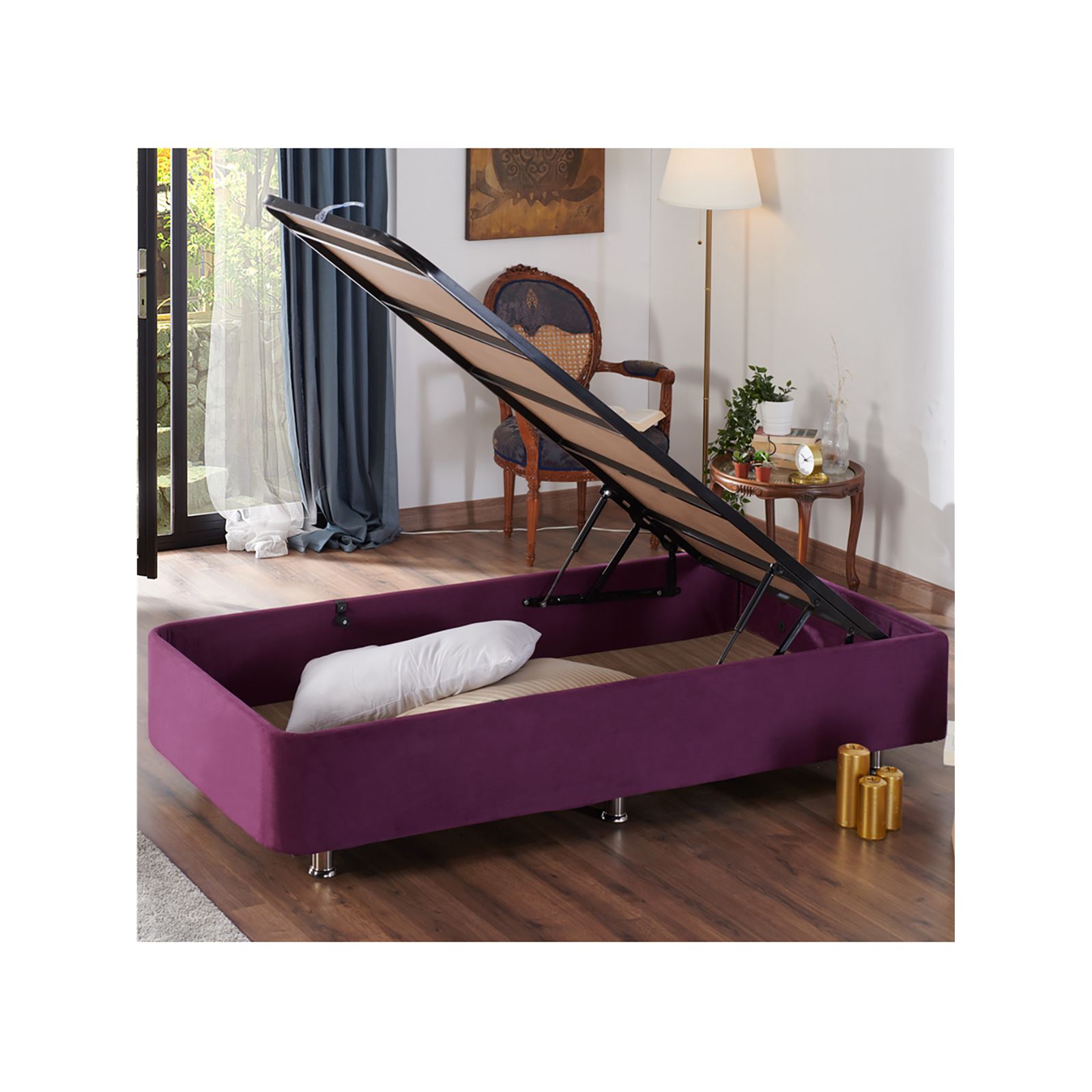 Niron Violet Yatak Seti 100x200 cm Tek Kişilik Yatak Baza Başlık Takımı Orta Sert Yatak Baza ve Başlığı Mor