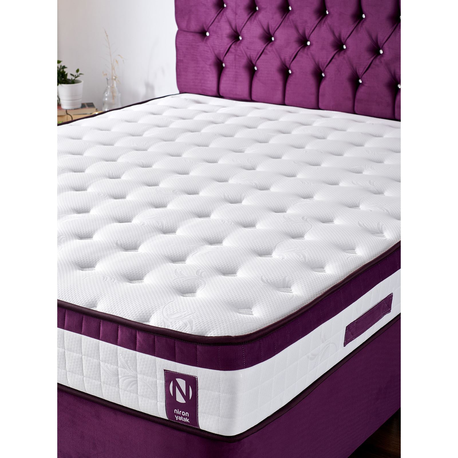 Niron Violet Yatak Seti 100x200 cm Tek Kişilik Yatak Baza Başlık Takımı Orta Sert Yatak Baza ve Başlığı Mor