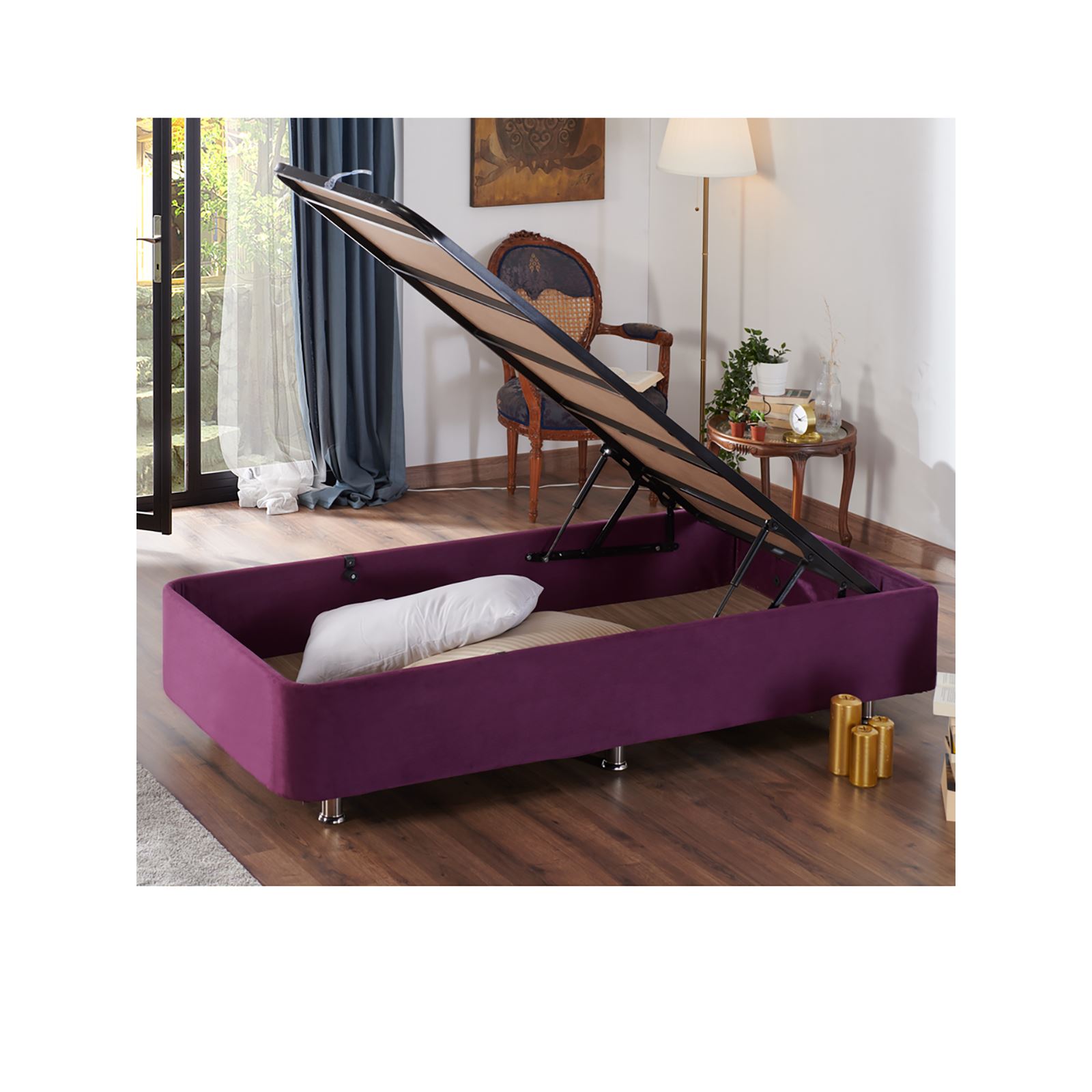 Niron Violet Yatak Seti 140x190 cm Çift Kişilik Yatak Baza Başlık Takımı Orta Sert Yatak Baza ve Başlığı Mor