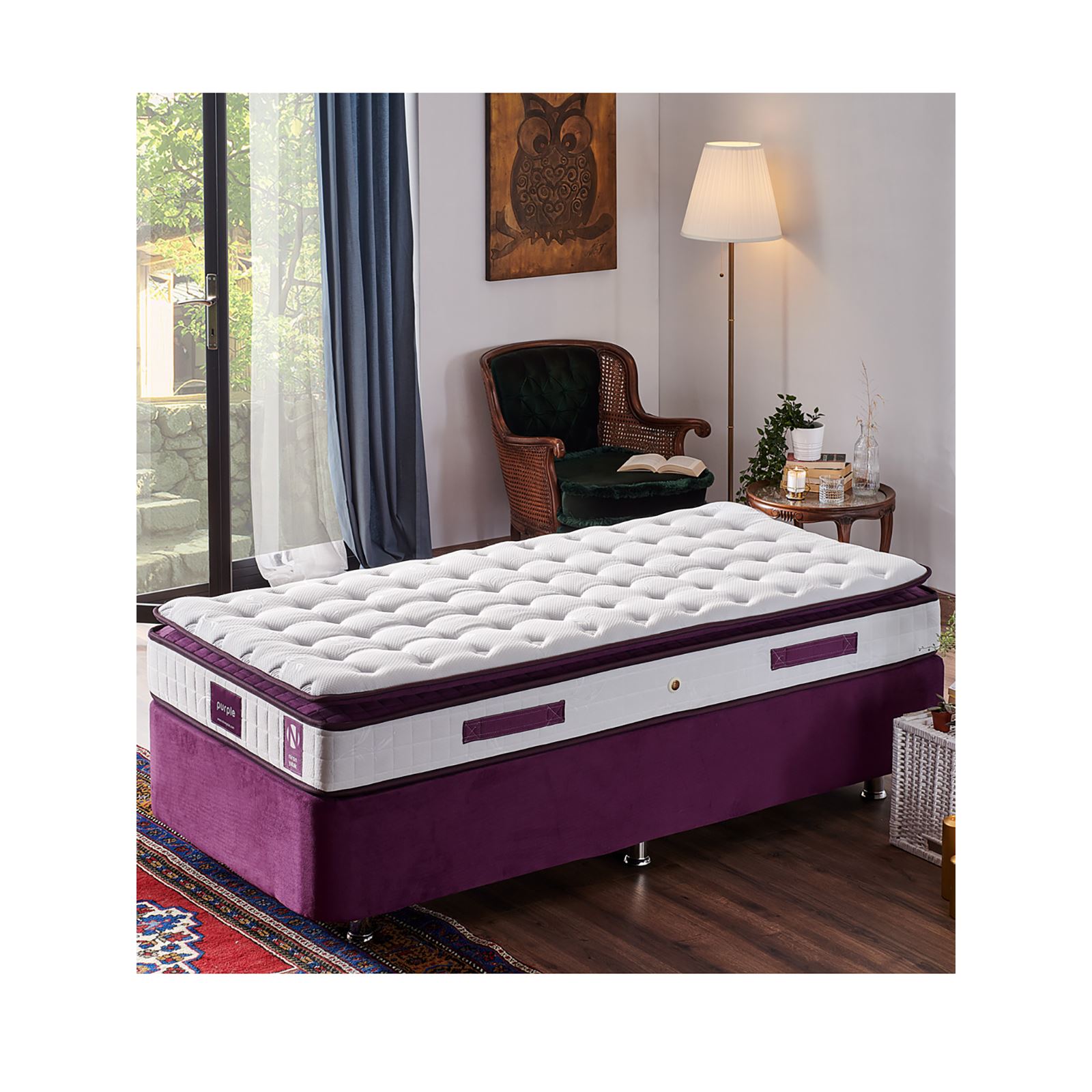 Niron Purple Yatak Seti 90x200 cm Tek Kişilik Yatak Baza Başlık Takımı Orta Sert Yatak Baza ve Başlığı Mor
