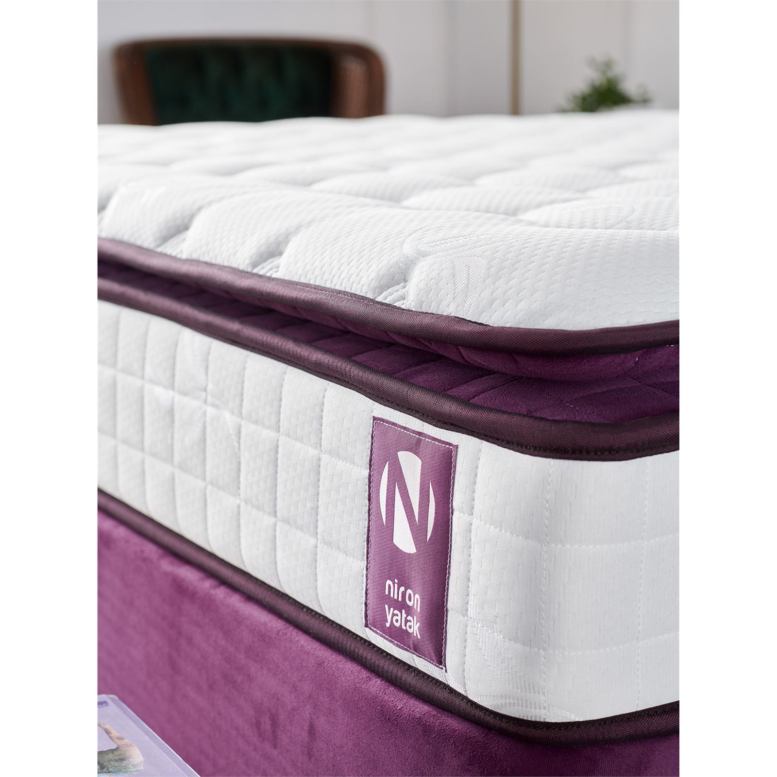 Niron Purple Yatak Seti 90x200 cm Tek Kişilik Yatak Baza Başlık Takımı Orta Sert Yatak Baza ve Başlığı Mor