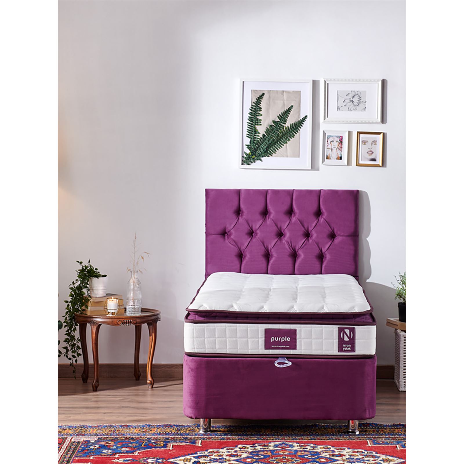 Niron Purple Yatak Seti 100x200 cm Tek Kişilik Yatak Baza Başlık Takımı Orta Sert Yatak Baza ve Başlığı Mor