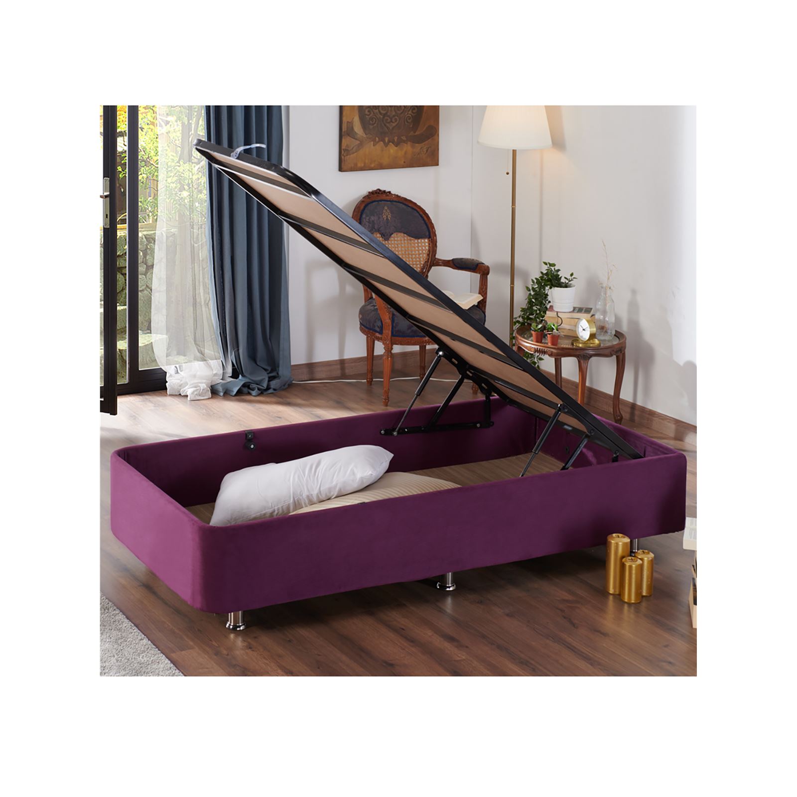 Niron Purple Yatak Seti 100x200 cm Tek Kişilik Yatak Baza Başlık Takımı Orta Sert Yatak Baza ve Başlığı Mor