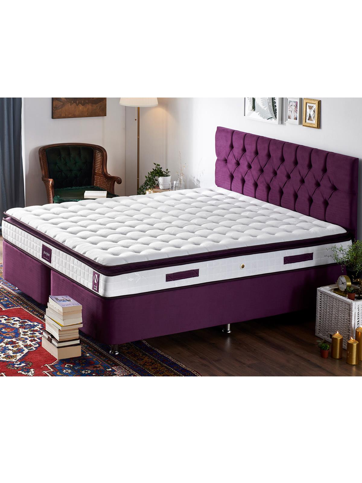 Niron Purple Yatak Seti 140x190 cm Çift Kişilik Yatak Baza Başlık Takımı Orta Sert Yatak Baza ve Başlığı Mor