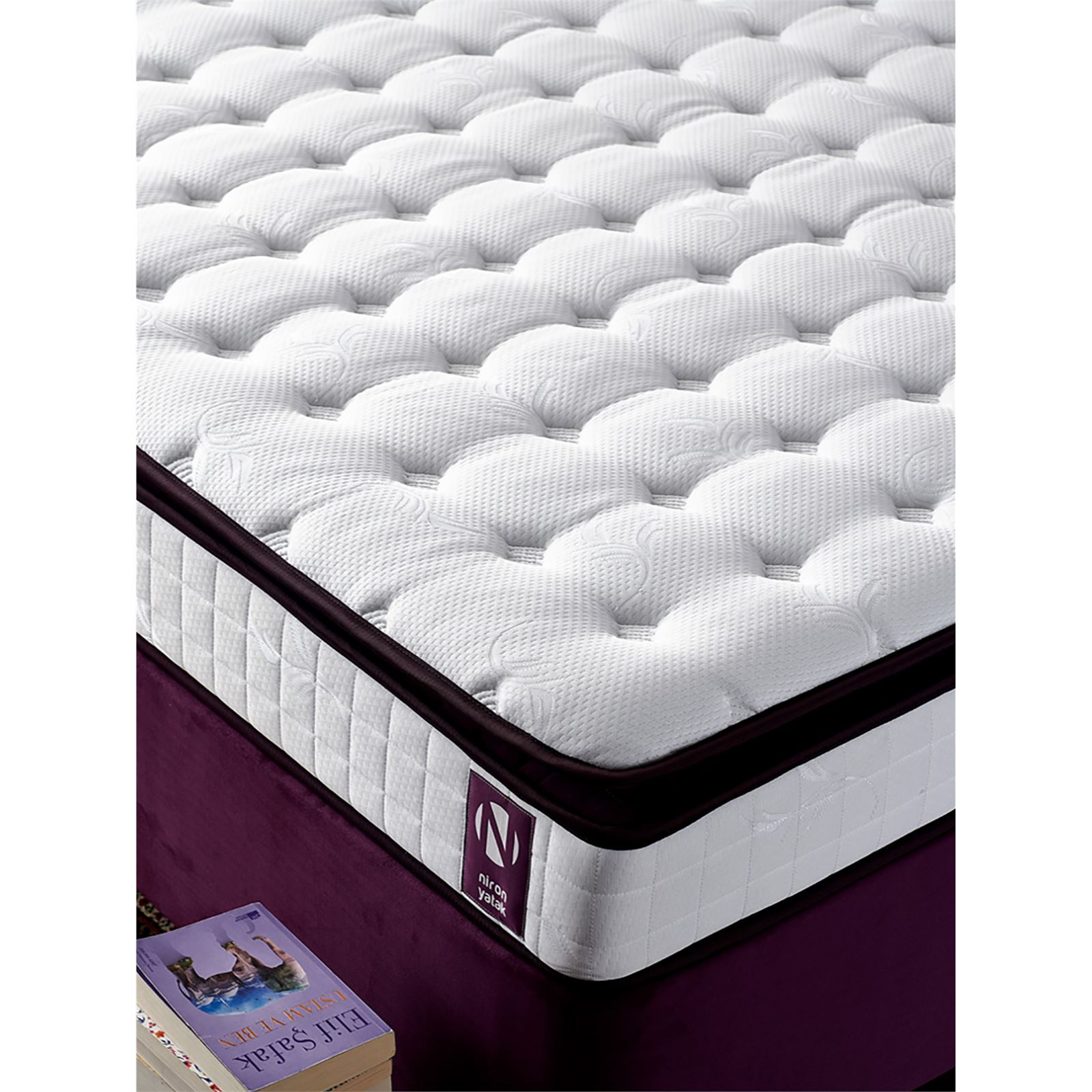 Niron Purple Yatak Seti 140x190 cm Çift Kişilik Yatak Baza Başlık Takımı Orta Sert Yatak Baza ve Başlığı Mor