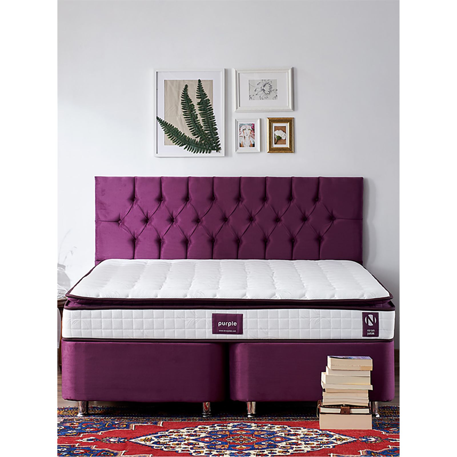 Niron Purple Yatak Seti 150x200 cm Çift Kişilik Yatak Baza Başlık Takımı Orta Sert Yatak Baza ve Başlığı Mor