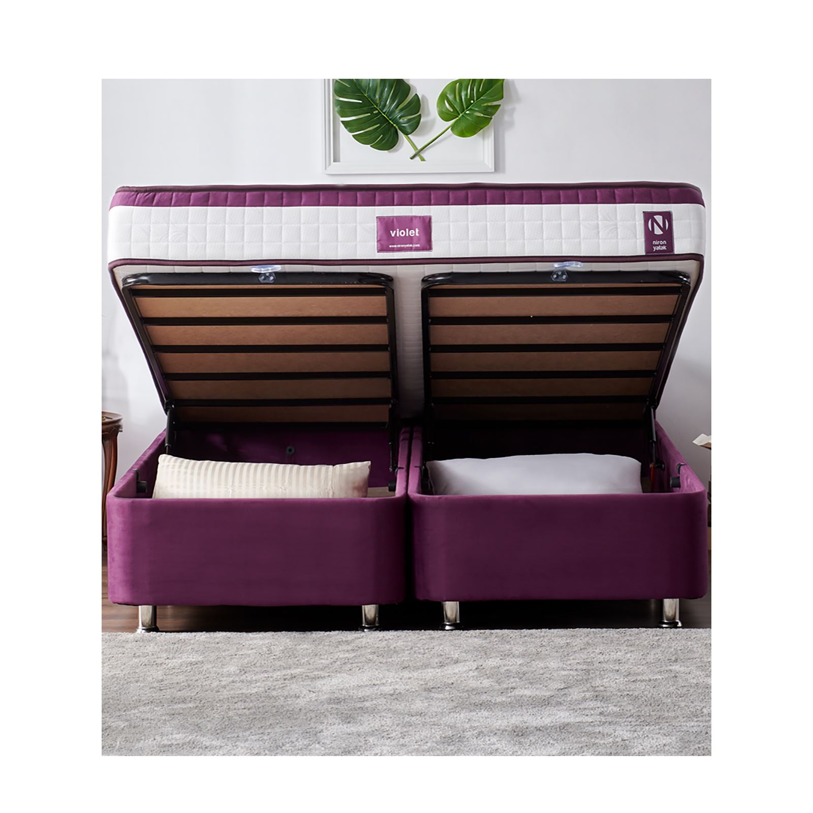 Niron Purple Yatak Seti 150x200 cm Çift Kişilik Yatak Baza Başlık Takımı Orta Sert Yatak Baza ve Başlığı Mor