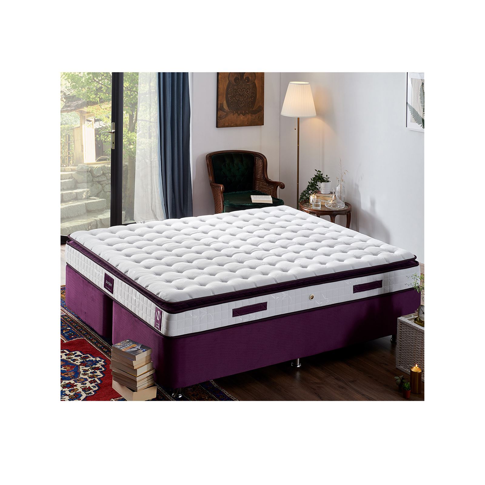 Niron Purple Yatak Seti 180x200 cm Çift Kişilik Yatak Baza Başlık Takımı Orta Sert Yatak Baza ve Başlığı Mor
