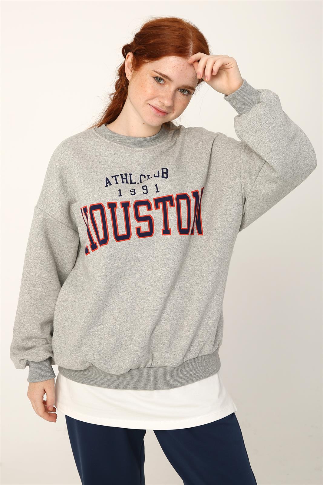  Gri Şardonlu Houston Baskılı Sweatshirt
