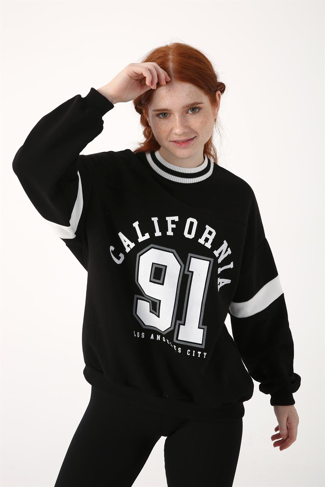 Siyah Şardonlu California Baskılı Ribanalı Sweatshirt