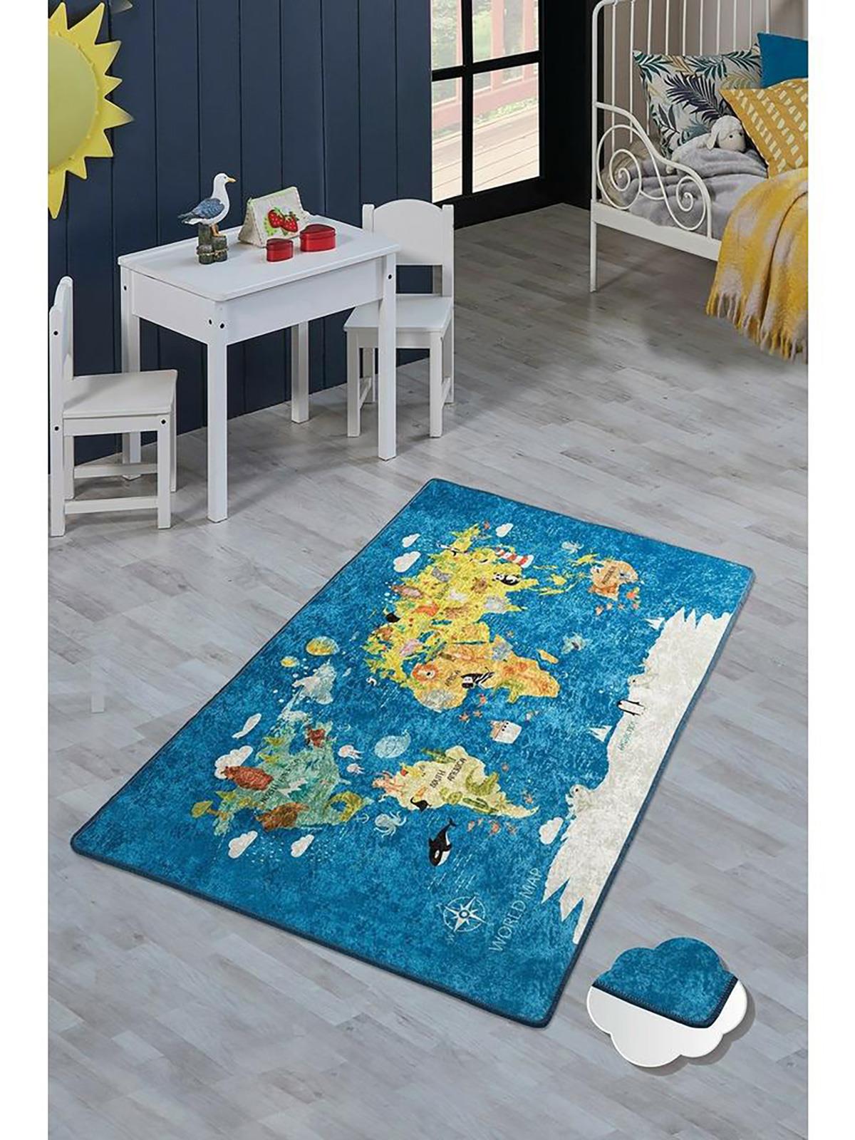 Kujju World Map Çocuk Odası Halısı 100x160 Cm Mavi