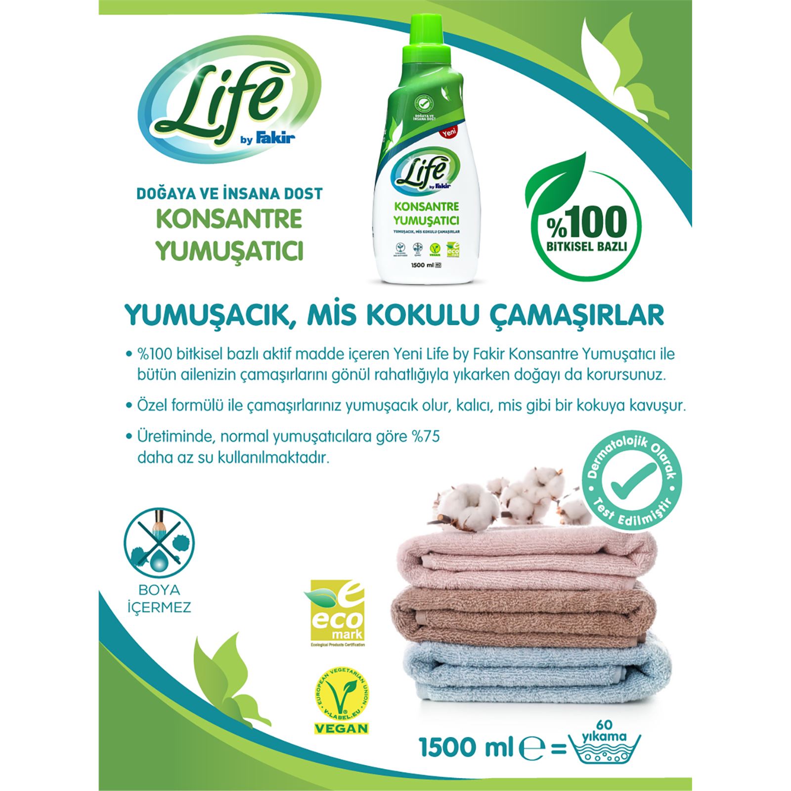 Life by Fakir %100 Bitkisel Bazlı Konsantre Çamaşır Yumuşatıcısı 1500 ml 60 yıkama