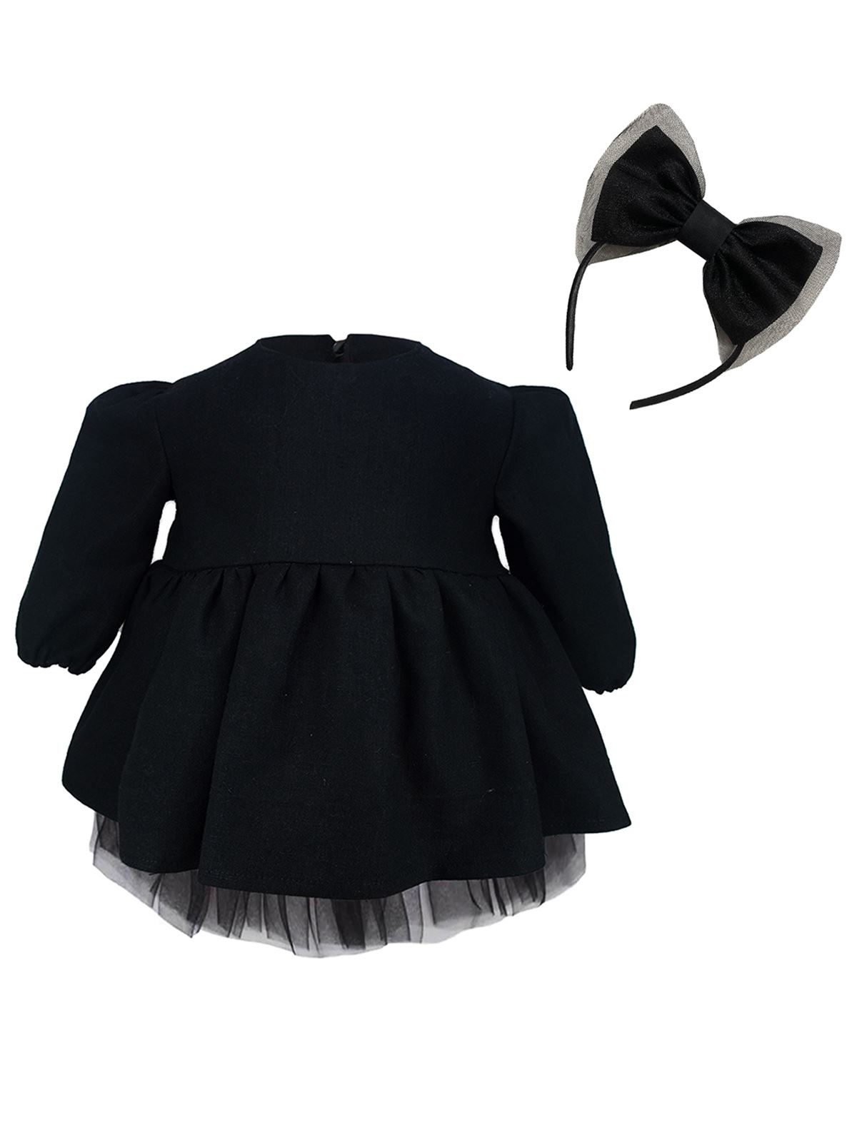 Shecco Babba Kız Çocuk Uzun Kollu Tütü Elbise Taç Takım 1-5 Yaş Siyah