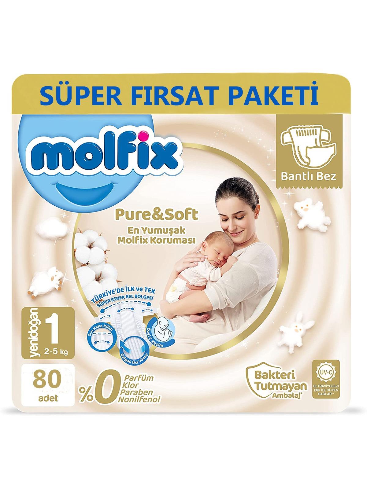 Molfix Pure&Soft Bebek Bezi Yenidoğan 80 Adet Süper Fırsat Paketi -  Islak Mendil Hediyeli 