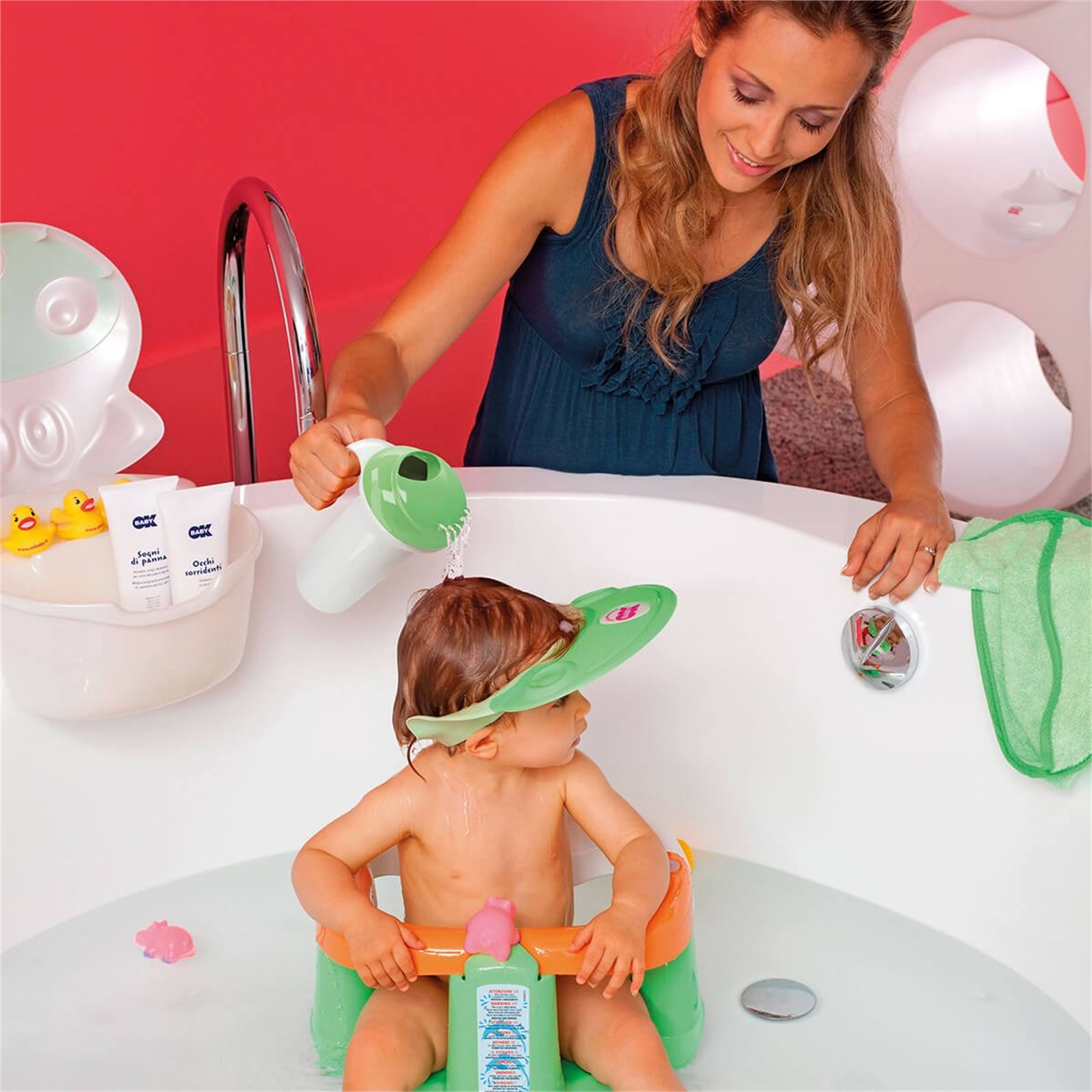 OkBaby Onda Slim Katlanır Bebek Küveti & Hippo Banyo Siperliği / Canlı Pembe