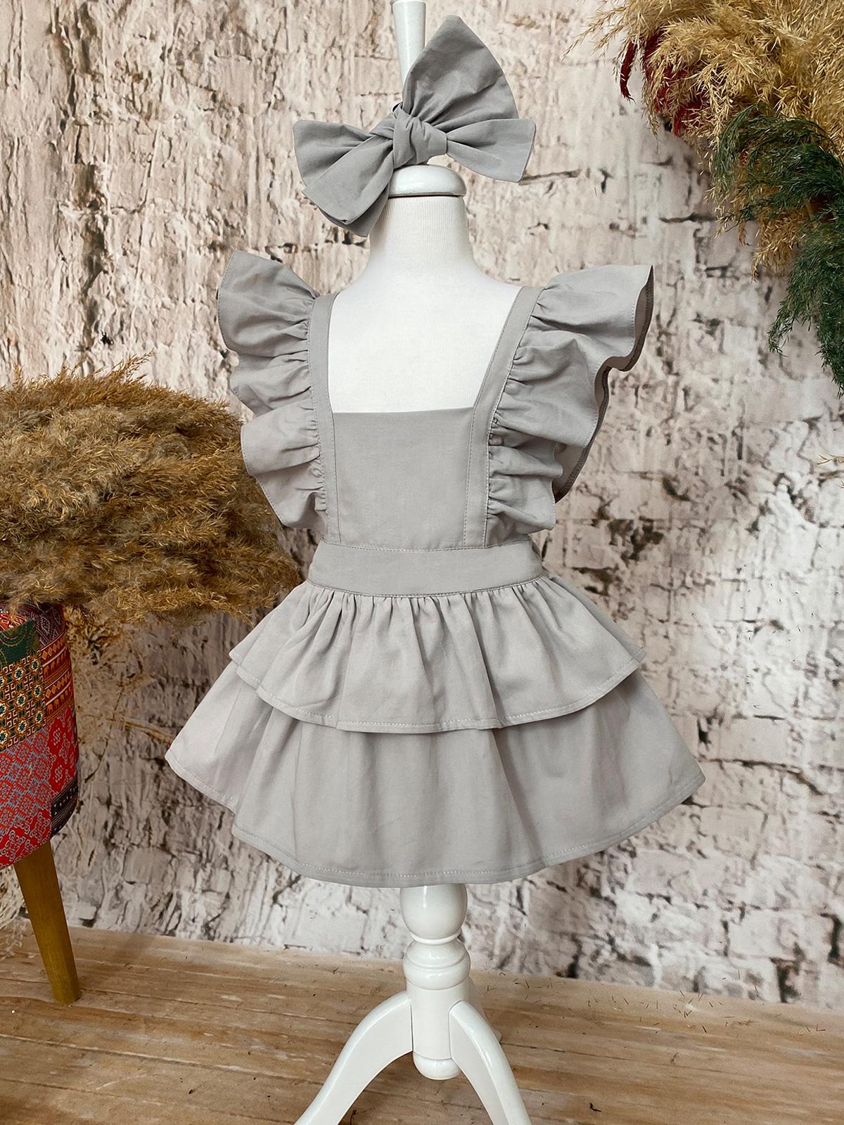 Shecco Babba Askıları Fırfırlı Kat Kat Kız Çocuk Elbise Bandana Takım 1-5 Yaş Gri